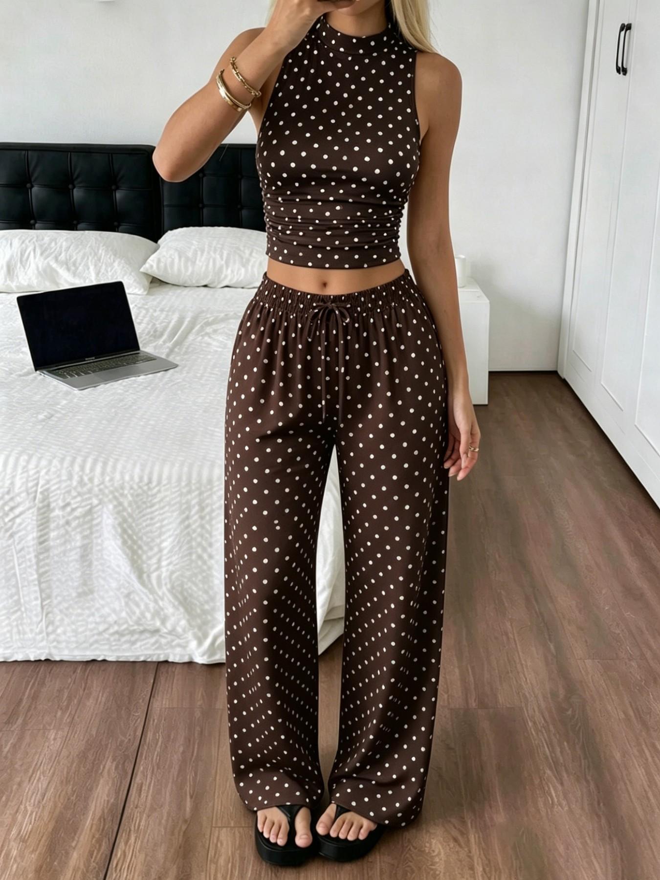 Women's Matching Polka Dot Print 2-Piece Outfit, Sleeveless Mock Neck Crop Top and Drawstring Wide-Leg Pants Set, Bohemian Casual Summer Streetwear Set, Casual Everyday Set, Summer Matching Sets