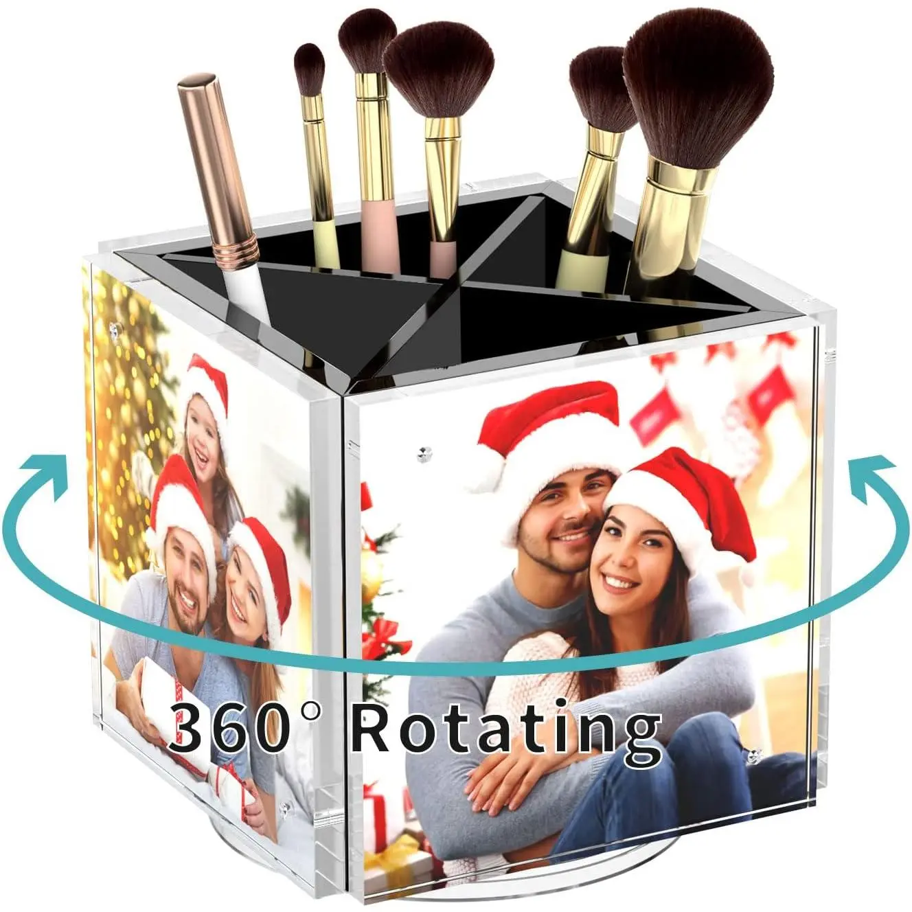 HIIMIEI Acrylic Frame - 4x4 Magnetic Photo Cube Pen Holder with 4 Compartments, 360° Rotate High Clarity Desktop Organizer for Pencils, Makeup Brushes, Home & Office, Black
