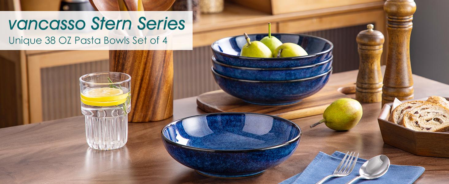 vancasso Stern Large Pasta Bowls Set of 4, 38 Oz Ceramic Salad Plate Bowls for Serving, Kitchen Stoneware Wide Bowls for Soup, Pasta, Salad, Cereals, Microwave Oven Safe Saladbowl Durable Kitchenware Dinnerware Tableware