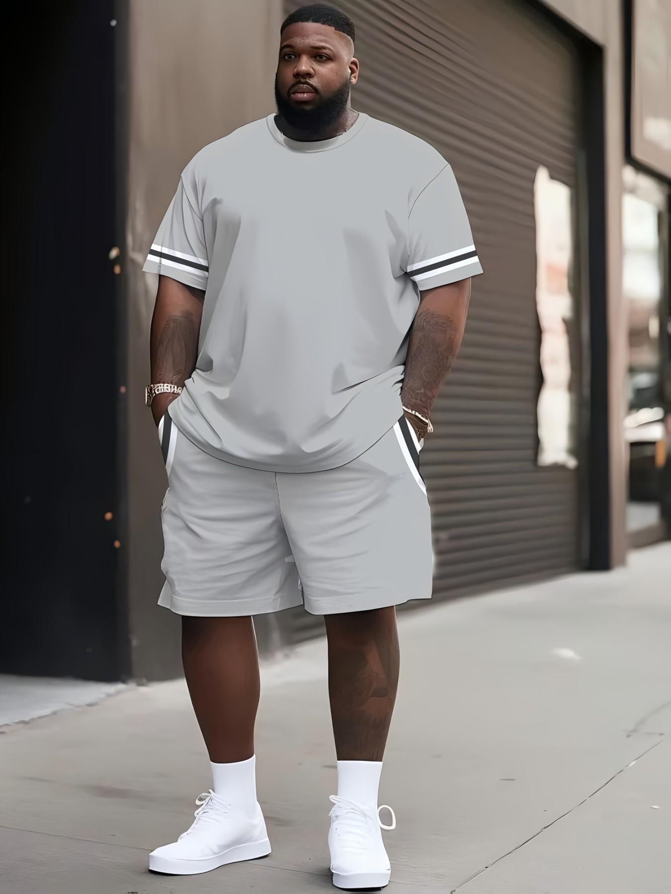 Men's Plus Size Striped Short Sleeve Tee and Shorts Matching Set, Loose Fit Round Neck, Casual Breathable Sports Wear, American Campus Style