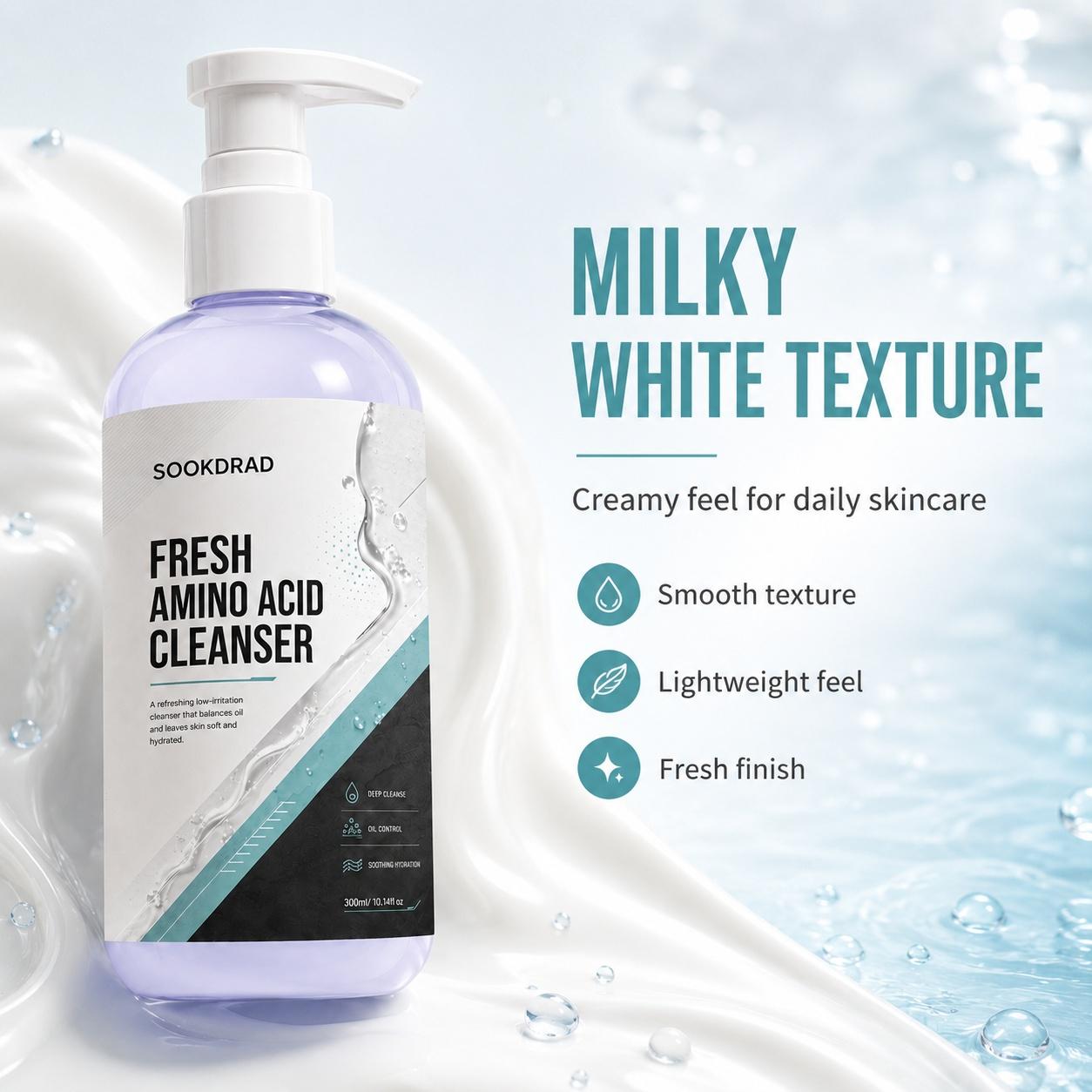 Fresh Amino Acid Cleanser, amino acid, deep cleanse, oil control, soothing hydration, low irritation, oil balancing, soft skin, hydrated skin, facial cleanser, all skin types, 300ml/10.14fl.oz