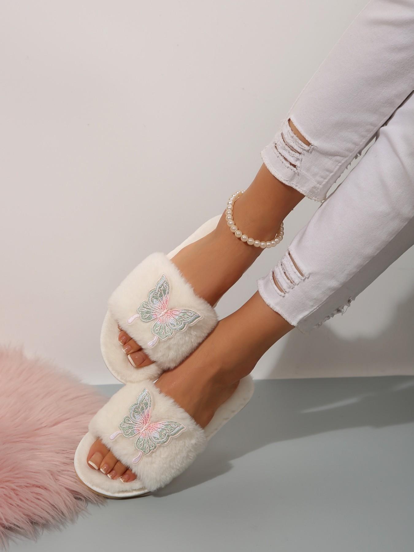 Fashion Soft Sole Comfortable Slippers, Butterfly Decoration, Indoor & Outdoor, Textile Upper, Casual Style, Multi-Functional Shoe