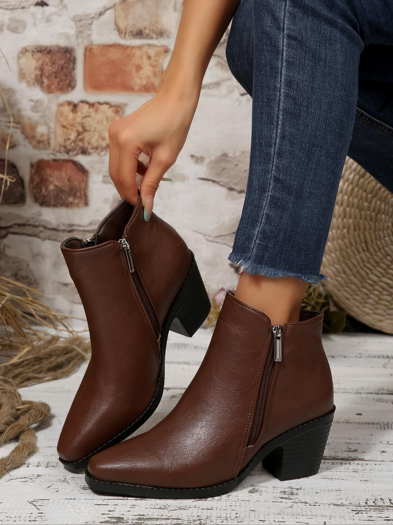 Women's Fashion Fall High Heel Square Toe Ankle Boots with Dual Zipper, Stylish Comfortable Short Booties for Casual Wear