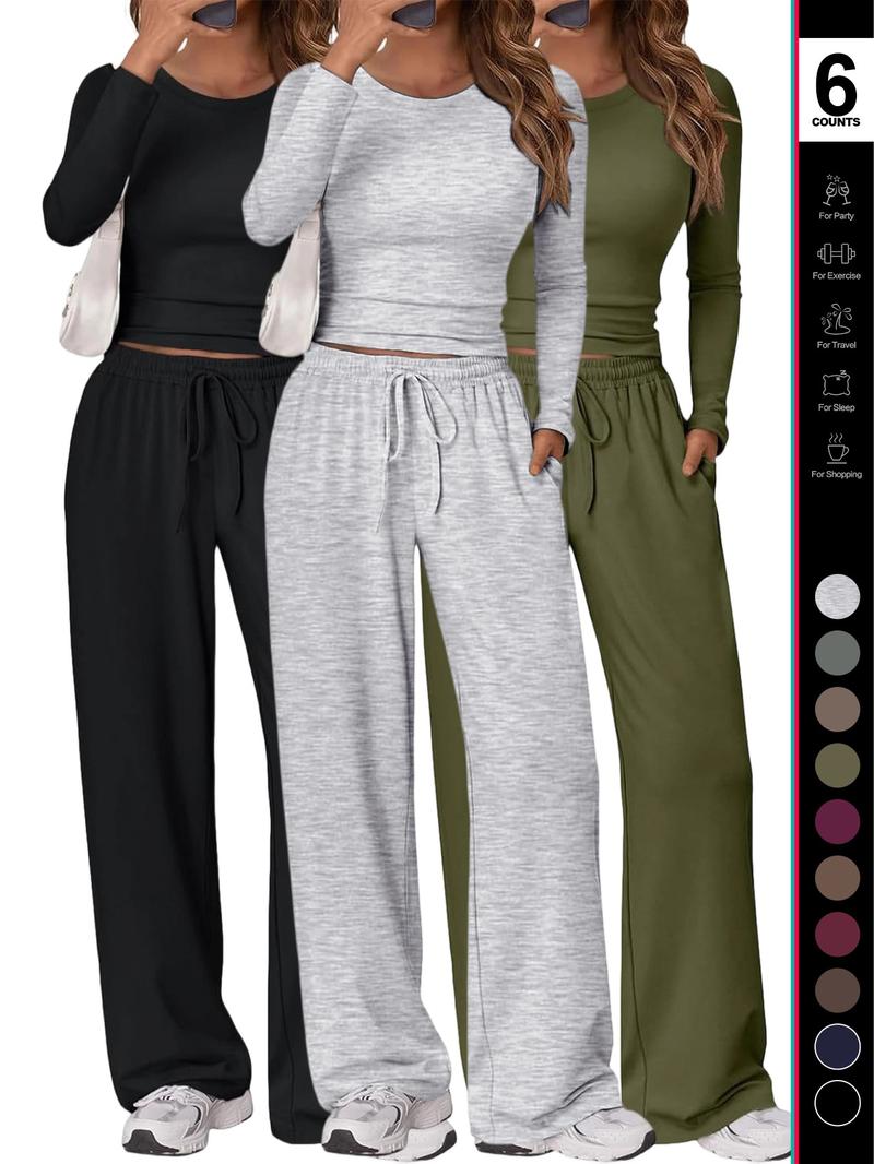 Women's 2 Piece Matching Lounge Set Long Sleeve Slightly Crop Top Wide Leg Pants Casual Sweatsuit 2026