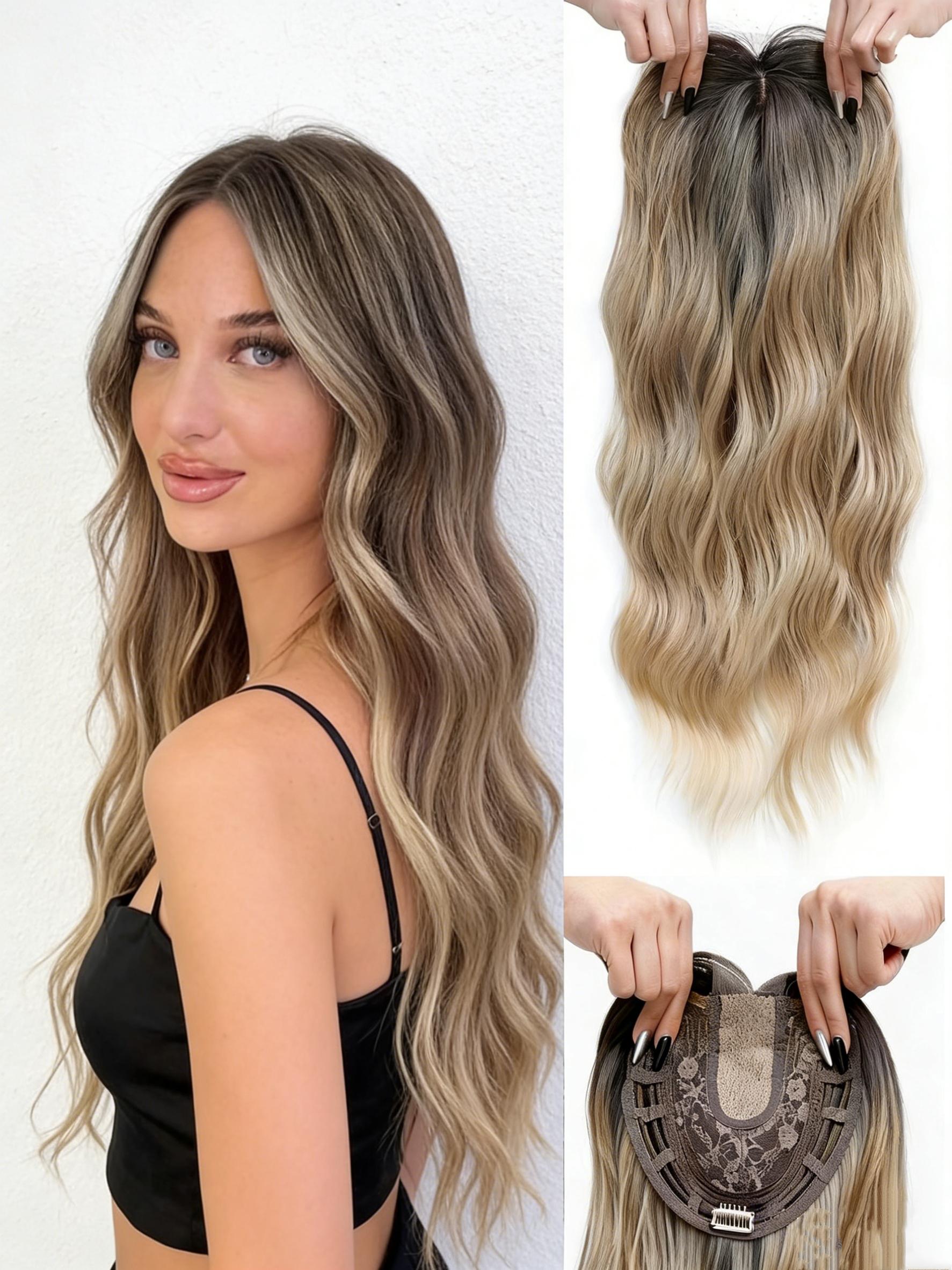 🔥 Instant Volume Boost! 22" Dark Brown Balayage Wavy Hair Topper, Clip-In Design, 100% Premium Kanekalon Synthetic, Seamless Blend for Thinning Hair & Daily Confidence!