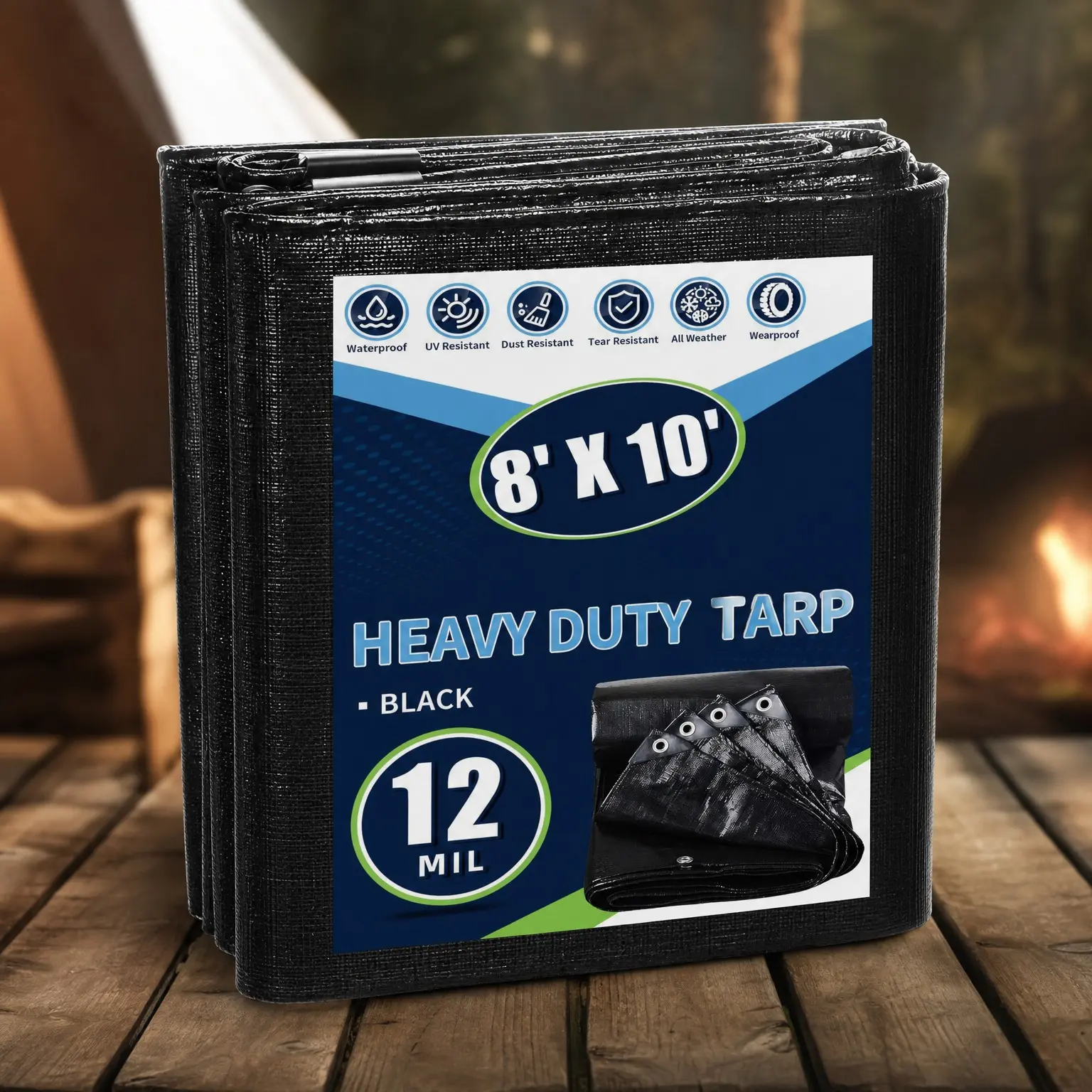 Black Heavy Duty Waterproof Tarp 8x10 – 12 Mil Thick, Rip & Tear Resistant, Metal Grommets Every 20 Inches