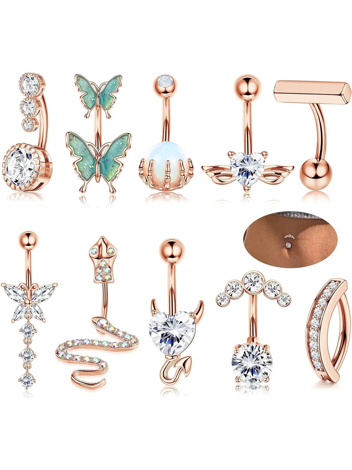 Women's Spring Rhinestone Butterfly & Snake Shape Belly Ring As Gift, Body Piercing Body Jewelry Set, Navel Piercing Jewelry, Maximalist Jewelry, Classic Belly Button Rings Accessories for Daily Wear Back To School, Body Jewellery