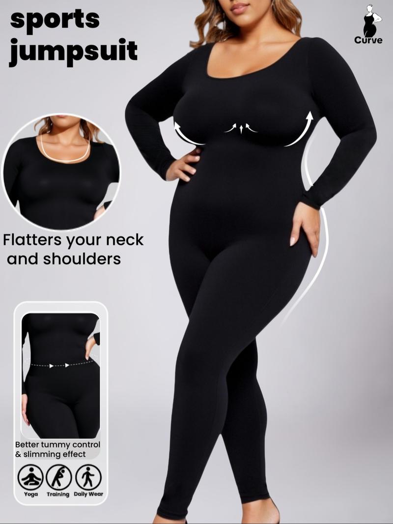 1 COUNT Women's Plus Size Slimming Long Sleeve Jumpsuit, Waist Cinching Yoga Pants, Casual Fall & Winter Sportswear,  Seamless Bodysuit,Stretch Skin-Friendly Fabric，Bottoms For Daily Wear