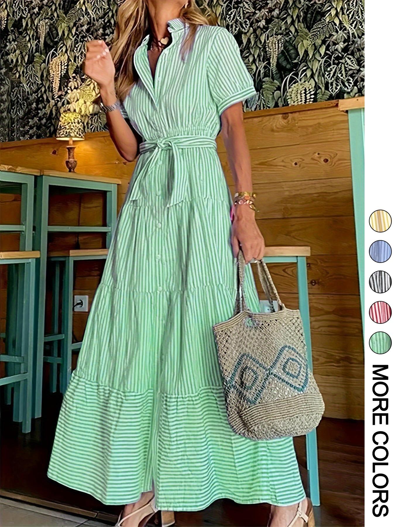 Women's Striped Print Adjustable Belted Button Dress, Elegant Casual Long Dress for Summer, Women's Clothing for Daily Wear, Fit, Womenswear Women's Striped Print Adjustable Belted Button Dress, Elegant Casual Long Dress for Summer, Women's Clothing for Daily Wear, Fit, Womenswear