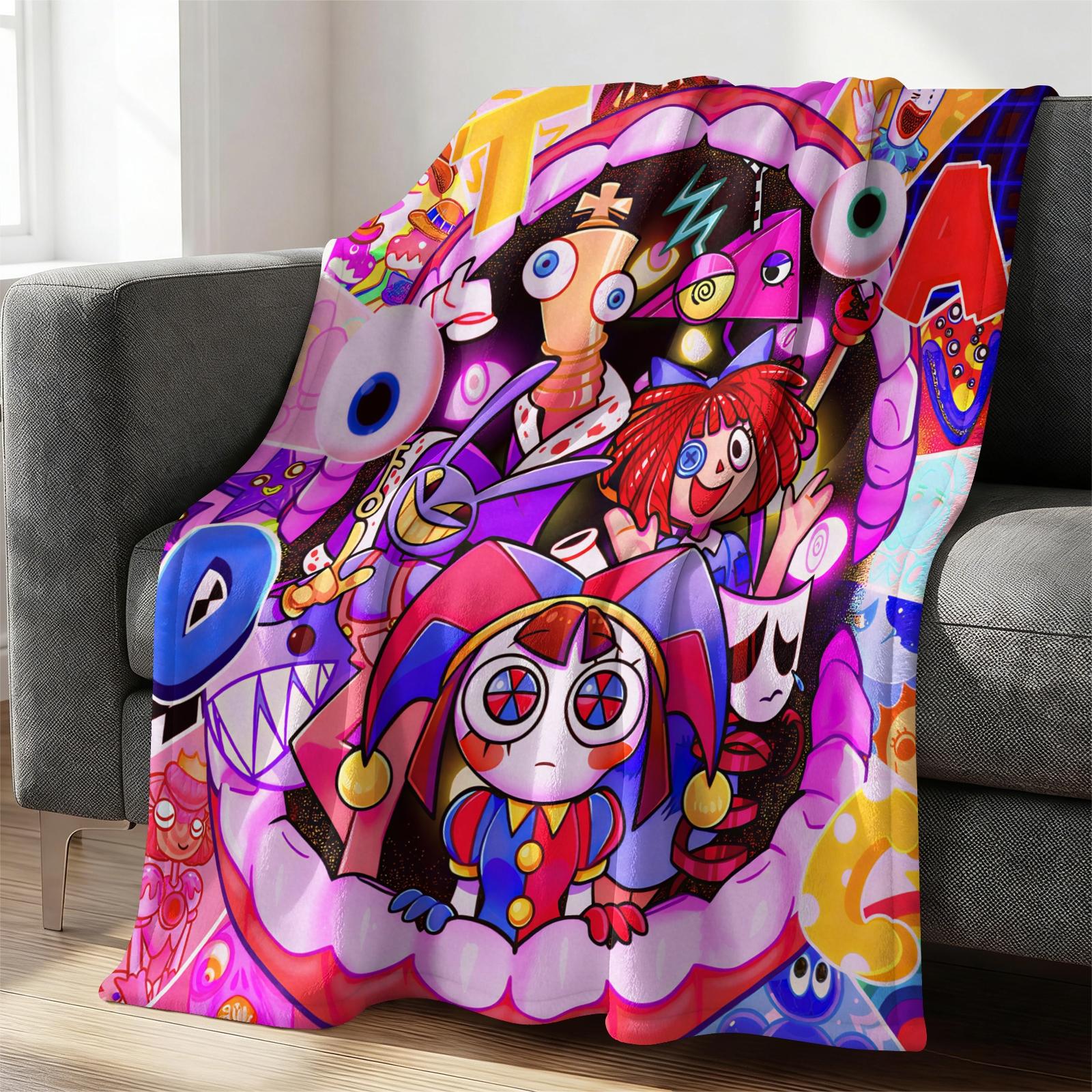 Trendy Digital Circus All-Character Print Blanket, Cartoon Anime Peripheral Flannel Nap Blanket, Warm Sofa Cover Blanket for Home & Student Dorm, Flannel Cozy Blanket