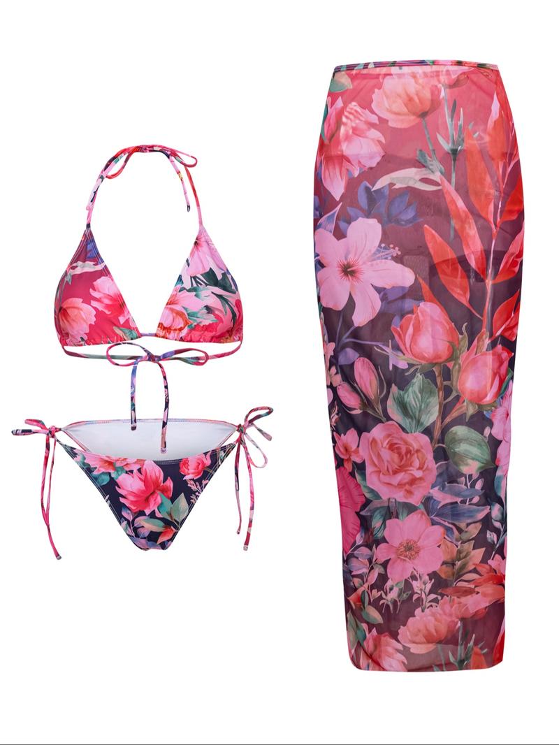 Women's Floral Print Halter Bikini Set, Casual Tie Back Contrast Mesh Swim Top & Tie Side Swim Bottom & Cover Up Skirt Set, Ladies Swimsuit for Beach Holiday Vacation, Floral Print Bikinis