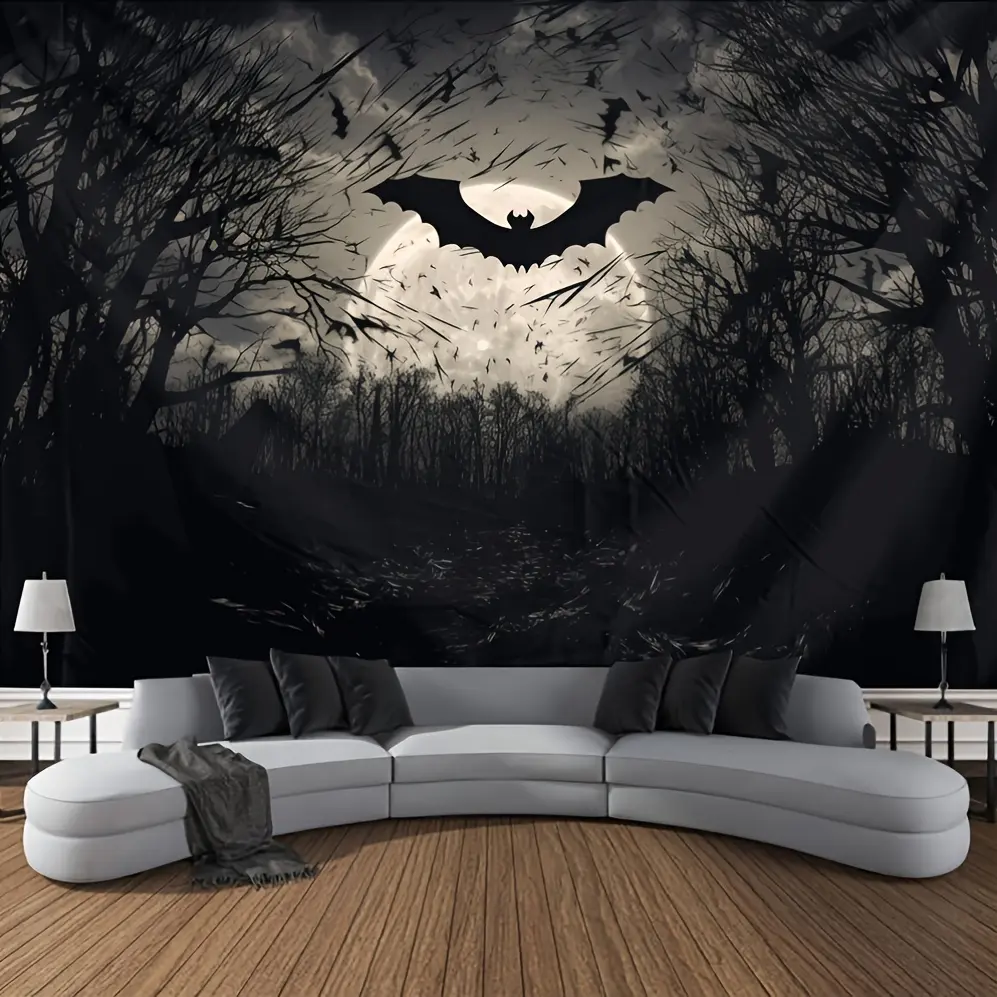 Multi-Size Rectangular Halloween Bats Print Dark Forest Wall Tapestry, Horror-Themed Hanging Backdrop, Wall Decor Bedroom & Indoor Home Decor, 1 Piece