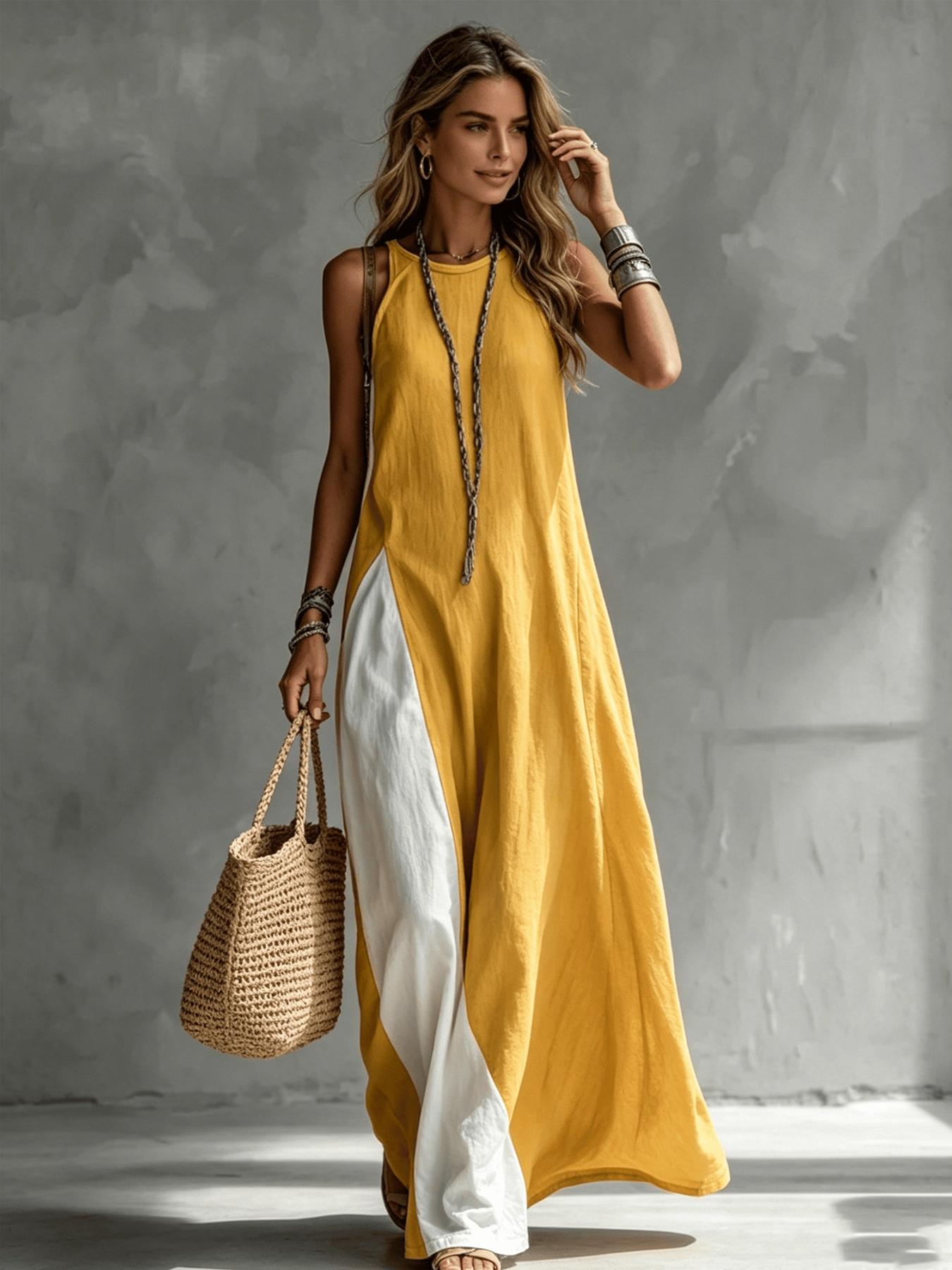 A women's color-blocking dress, Casual Beach Dress, Beach Resort Wear, with sleeveless vest, draping and flesh-concealing long skirt, suitable for summer, beach vacation, exploring shops, attending exhibitions, dating, and enjoying afternoon tea