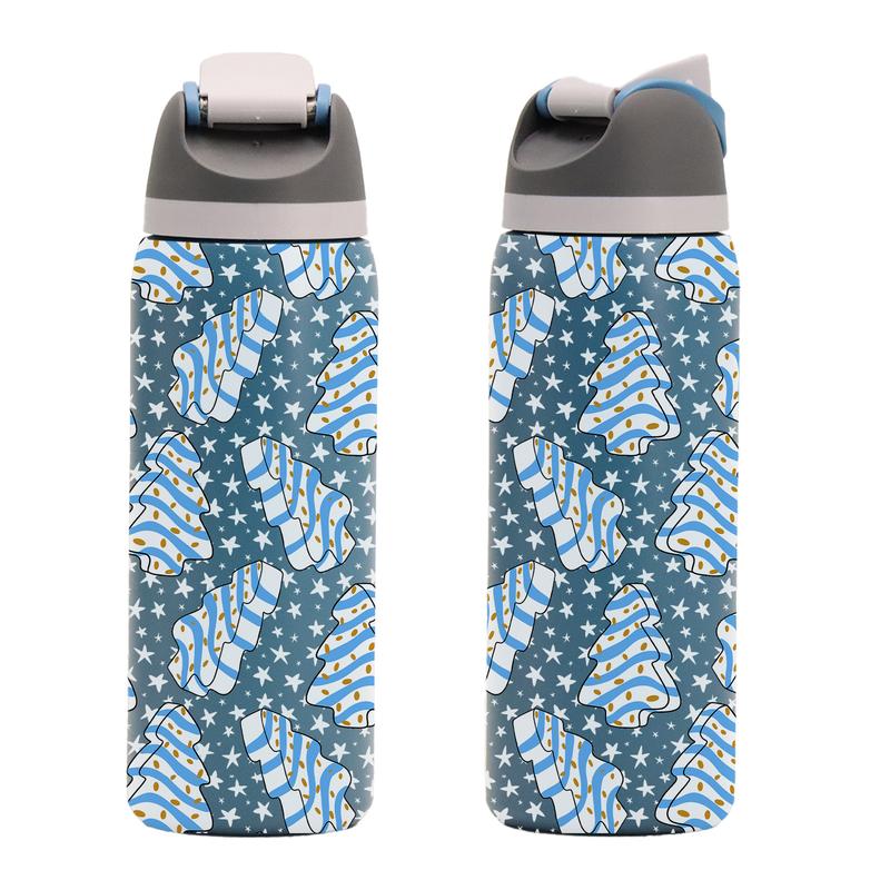 1 Pc19/24/32oz double wall insulated thermal mug, leak-proof skinny vacuum cup, Christmas cake and tree dessert pattern, pink background festive design, keeps hot 12 hours cold 24 hours, perfect gift for women men, holiday travel mug for hot cold drinks