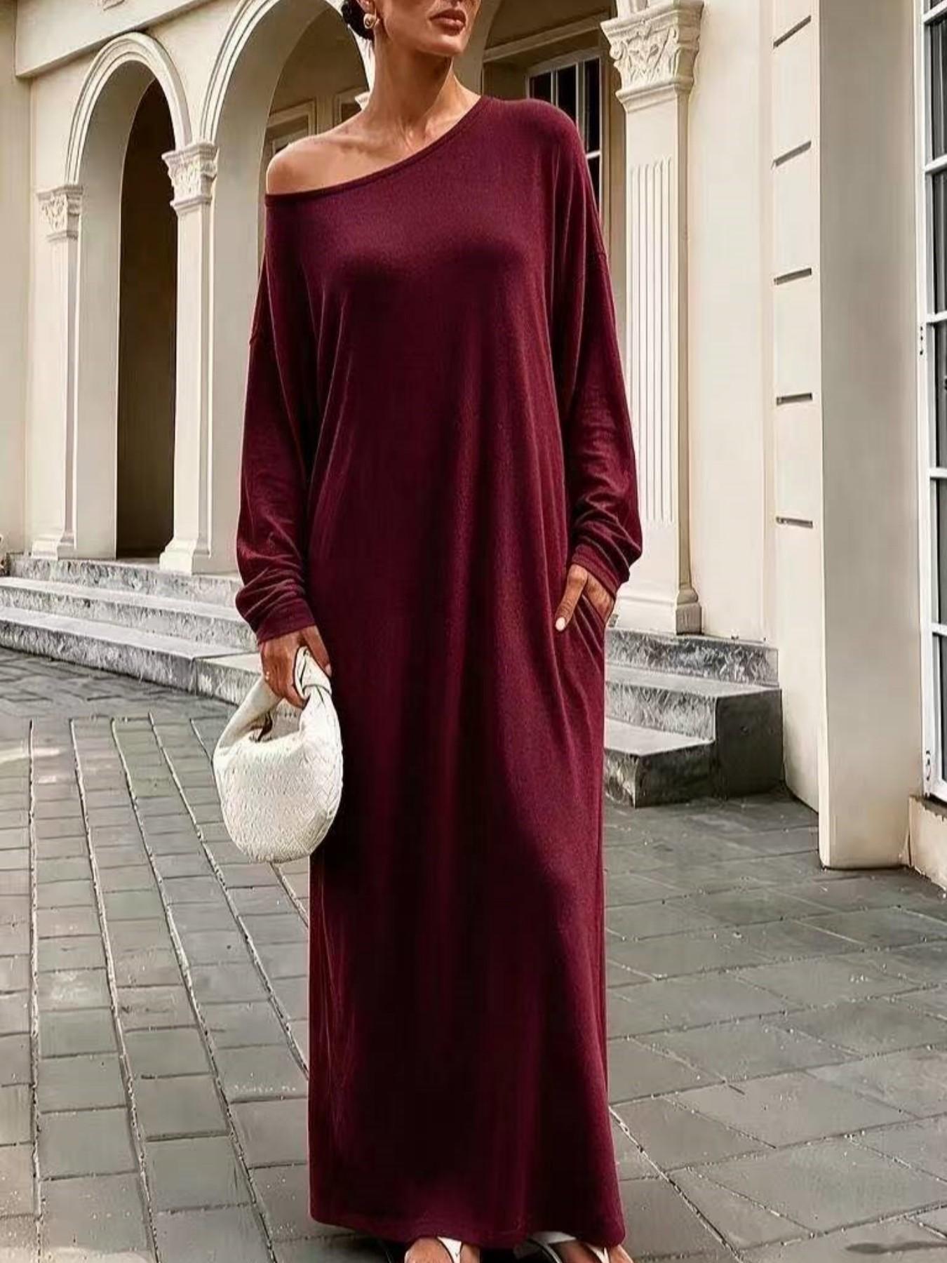 Women's New Loose Long Sleeve Asymmetrical Neckline Dress, Elegant Solid Color Casual Street Style, Minimalist Fall Fashion Long Dress