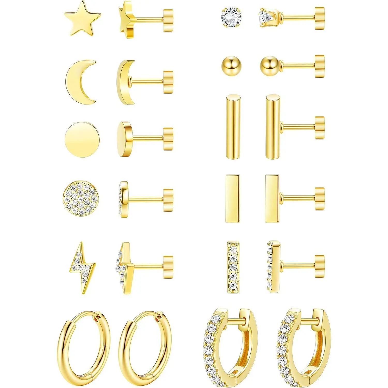 FASACCO 12-Pair Plated Stainless Steel Casual Earrings Set - 20G Flat Back Studs, Tiny Huggie Hoops Jewelry Charms for Women Men Blackfriday