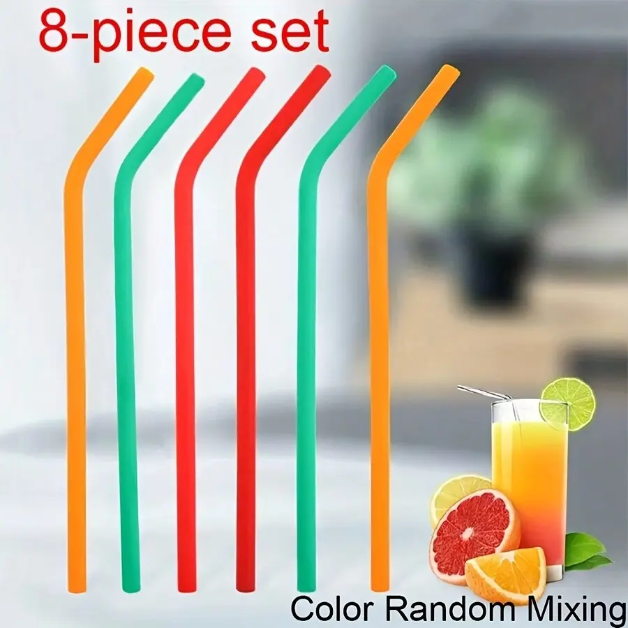 Reusable Silicone Straw Set with Cleaning Brush, Heat-Resistant Design for Coffee Bubble Tea and Outdoor Camping, Includes Straight and Curved Straws