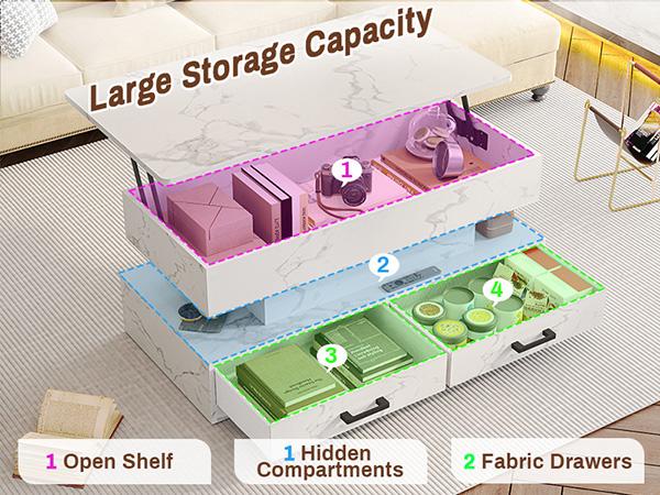 SEDETA 40-inch Faux Marble Rectangular Coffee Table with Drawers & LED Lights Living Room Furniture Foldable Height Adjustable Storage Compartment