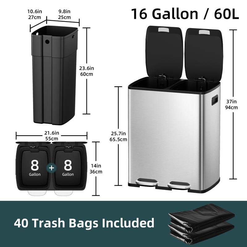 KSSKSS 2x8 Gallon Kitchen Dual Trash Can - 16 Gallon (60L) Stainless Steel Multi-Compartment Garbage Recycle Bins, Step Pedal, Plastic Inner Buckets, soft-close lid , Silver, Includes 40 Trash Bags, for business home office