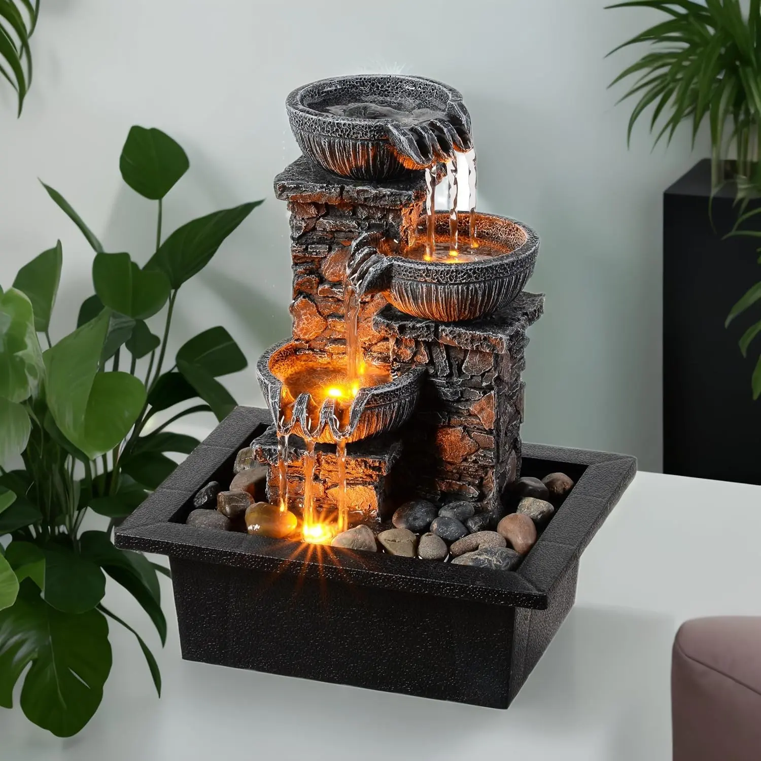 Tabletop Waterfall Fountain 3 Bowls with LED Light, Soothing Water Flow Sound, Zen Meditation Decor for Home and Office, Relaxation Water Fountains Indoor (23113)