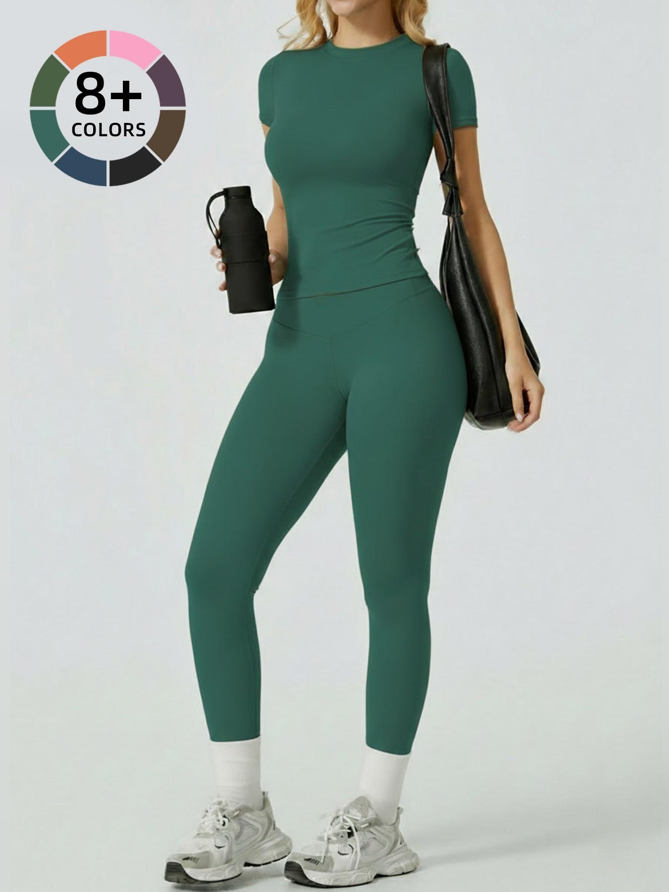 Women's Yoga 2-Piece Set, Breathable Short Sleeve Tee & High Waist Tight-Fit Pants, Sporty Style, All-Season Wear, Yoga Outfit Set, Casual Workout Loungewear