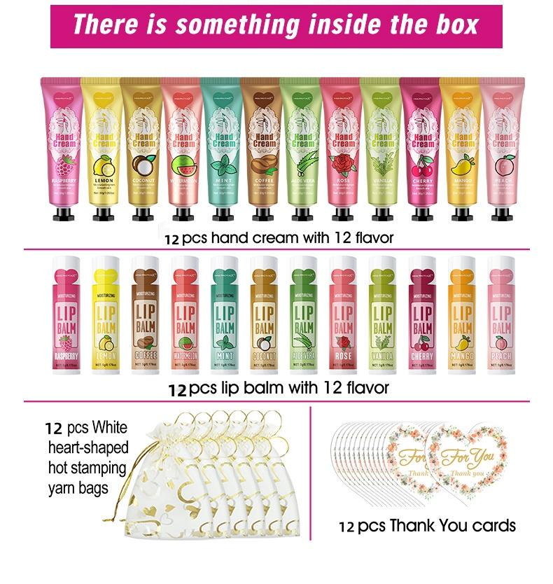Valentine's Day Variety Gift Set Hand Cream and Lip Balm, Includes 12 Hand Creams, 12 Lip Balms, 12 Heart Bags, Perfect for All Skin Types