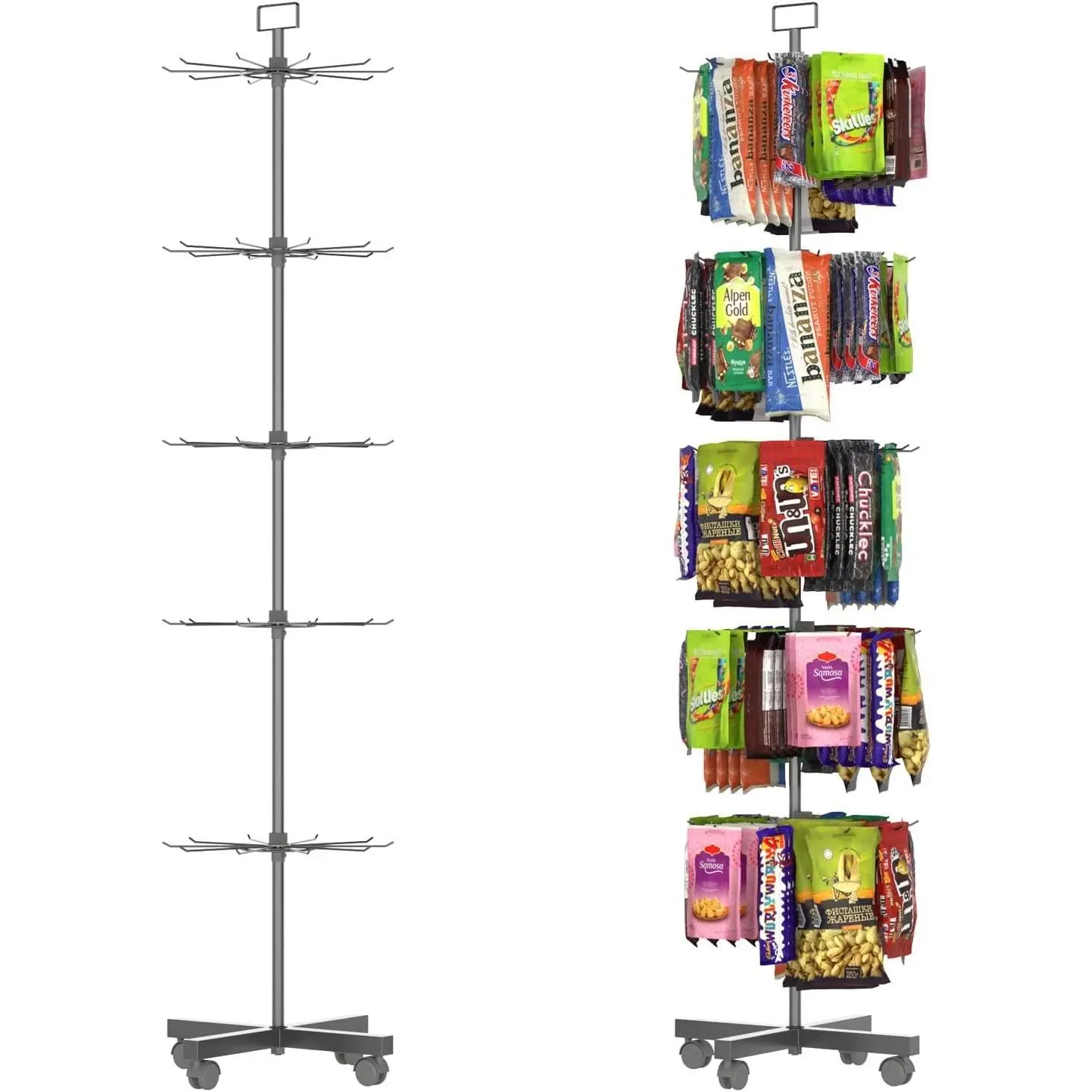 Retail Display Racks 5 Tier Spinning Display Stand, Movable Shop Spinner Rack with Hooks, Retail Display Stand for Jewelry Keyring Hats Socks Toys (Black)