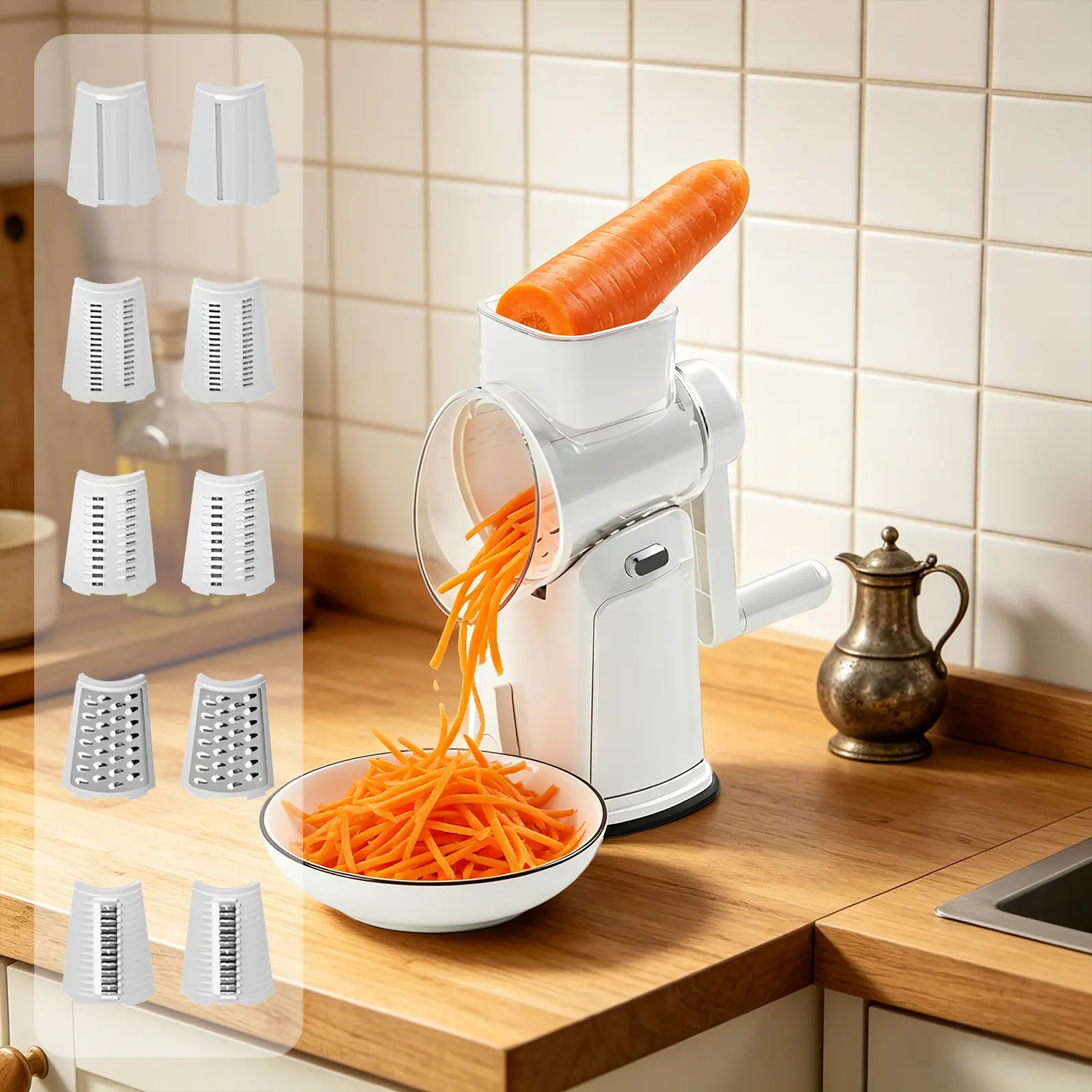 5 In 1 Stainless Steel Rotary Grater For Kitchen Vegetable Slicer Shredder With Suction Base