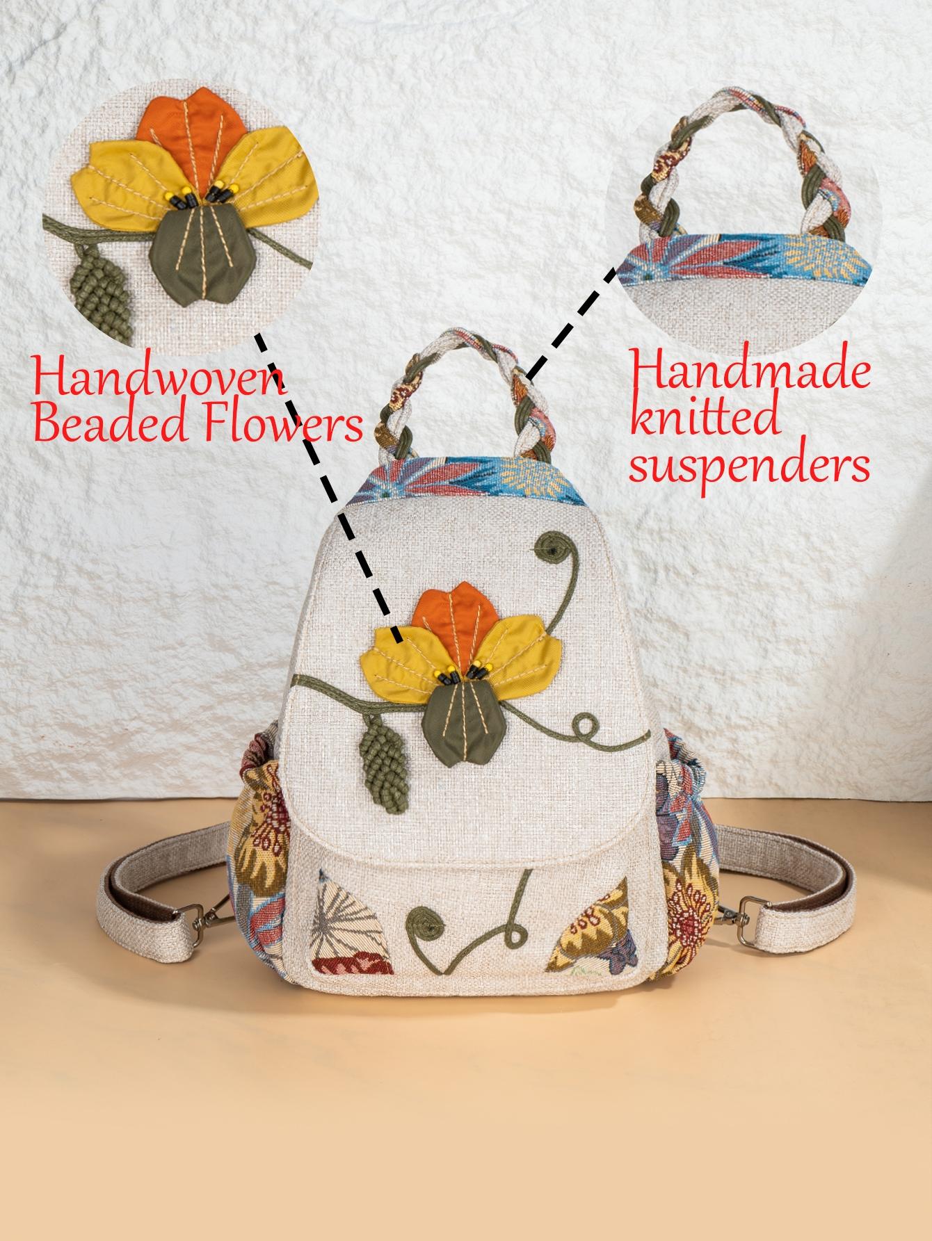 Boho Style Handmade Leaf Beaded Flower Backpack, Multi-Layer Flip Cover Chest Bag, Original Design Two-In-One Shoulder Bag, Stylish Casual Daypack