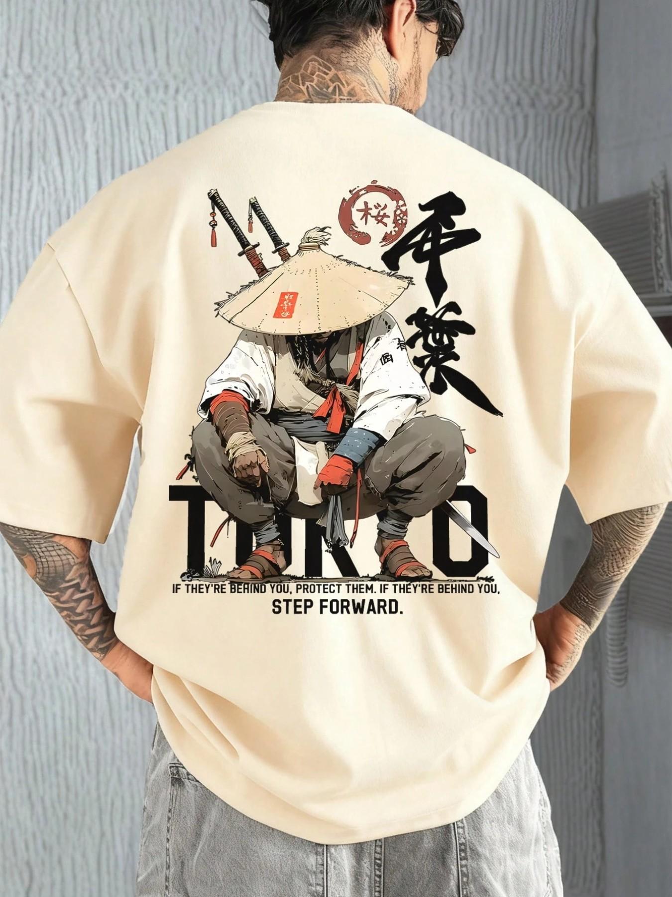 Japanese Samurai Graphic Print Oversized White T-Shirt Streetwear Y2K Retro Tokyo Samurai Graphic Tee With Inspirational Quote