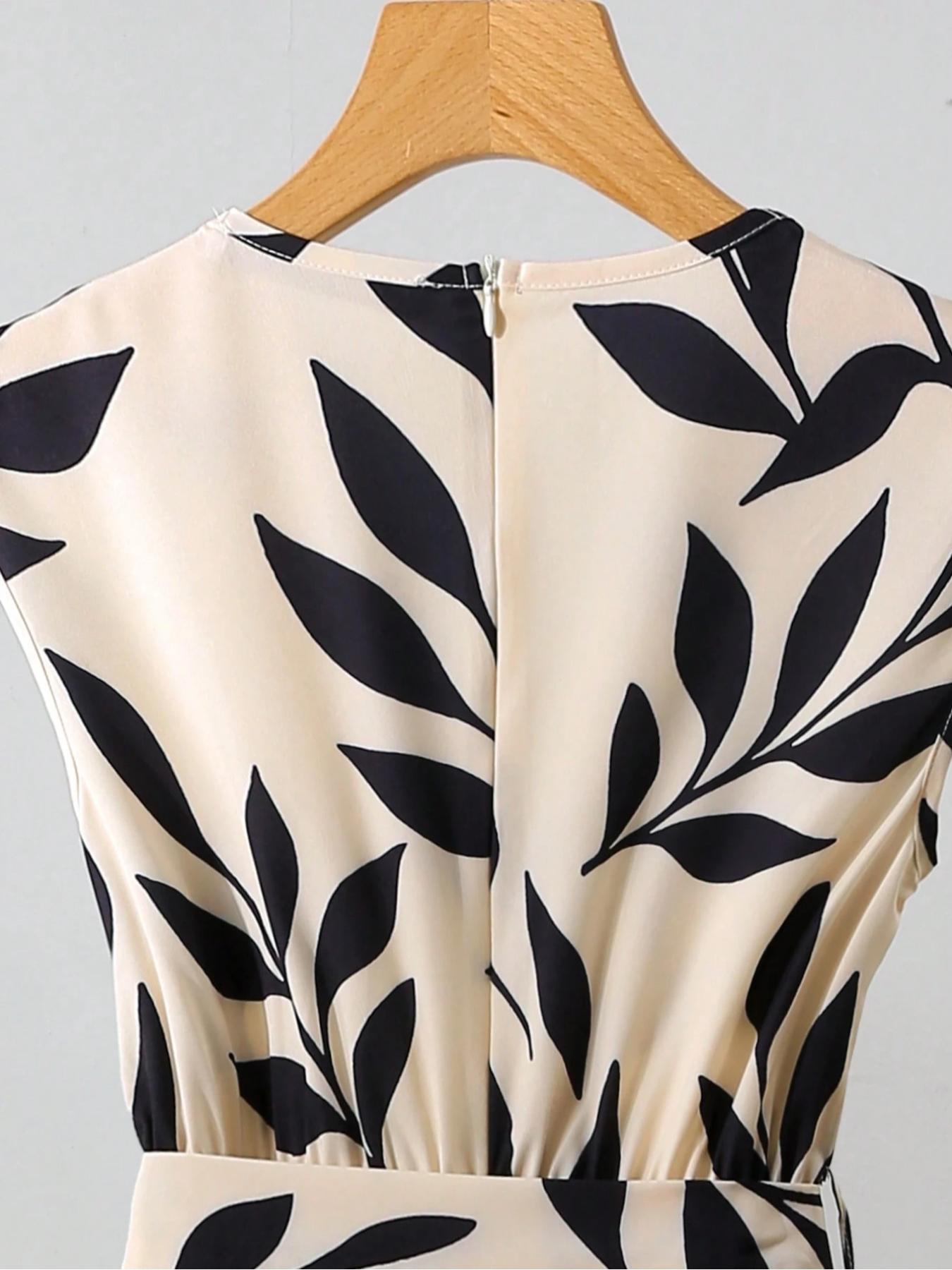 Women's V Neck Leaf Print Wide Leg Jumpsuit, Sleeveless High Waist Design, Fashionable Comfort, Perfect for Casual & Formal Wear, Elegant Fashion Jumpsuit