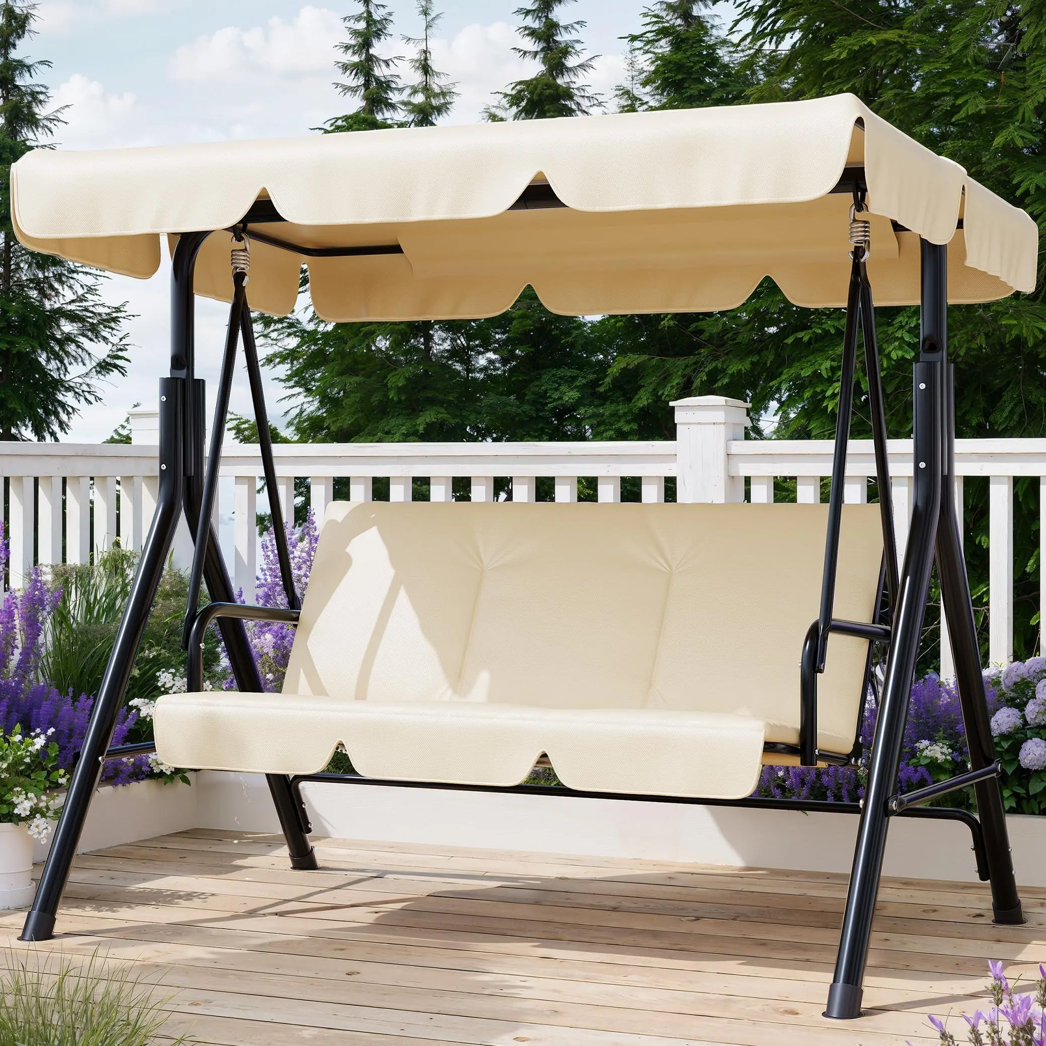 3-Seat Sturdy Patio Glider Swing, 600 lbs Capacity, Adjustable Sun Protection Polyester Canopy, Heavy-Duty Metal Stand, Water-Resistant Fabric Cushions, Easy-Maintenance Outdoor Furniture for Back Porch, Backyard Relaxation, Outdoor Hanging Chair,