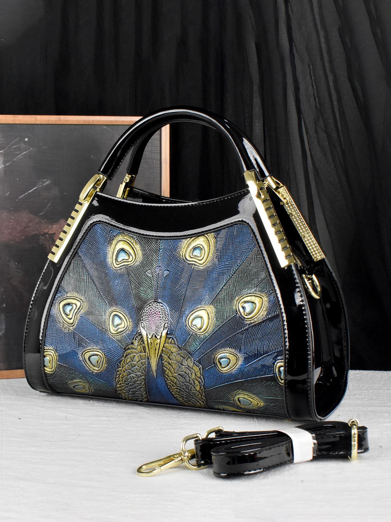 Designer Peacock Design Women's Handbag, Elegant Feather Pattern Boston Bag, PU Material, All Seasons Fashion Accessory