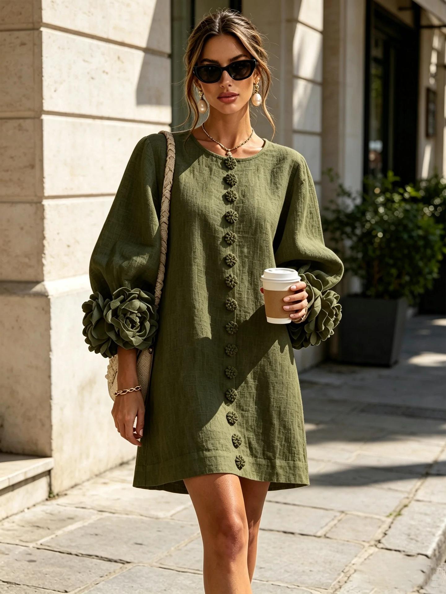 outfit pants set plus size tall Women's White Mini Dress, Puff Sleeve Linen Dress, Elegant Floral Cuff Loose Fit Summer Vacation Dress