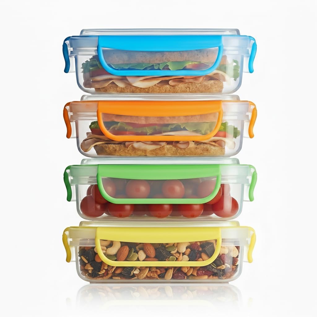 4 Pack Plastic Kitchen Utensils Leakproof Airtight Sandwich Containers, Fun Size Food Storage Boxes for Sandwiches, Salads