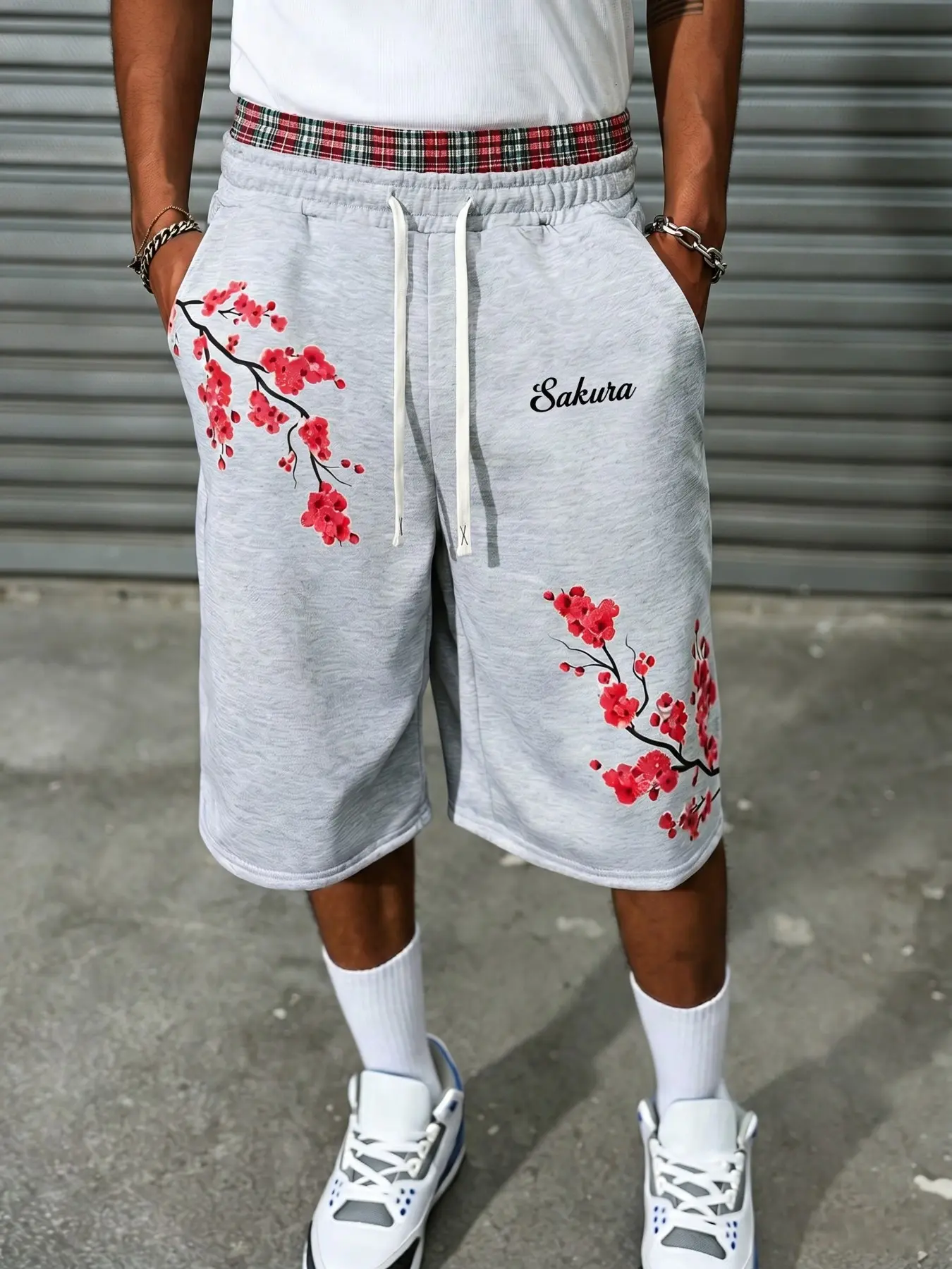 Men's Simple Color Casual Shorts, Comfortable Fashion, Four-Season Sakura Print Drawstring Knit Shorts, Unisex Streetwear for Summer