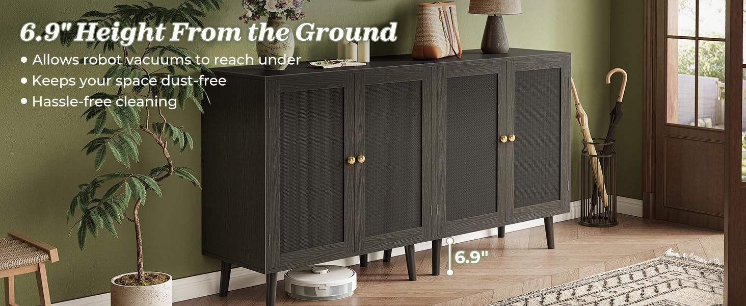 Huuger Buffet Cabinet with Storage, Storage Cabinet with PE Rattan Decor Doors, Media Console with Solid Wood Feet, Sideboard Cabinet for Hallway, Entry, Living Room