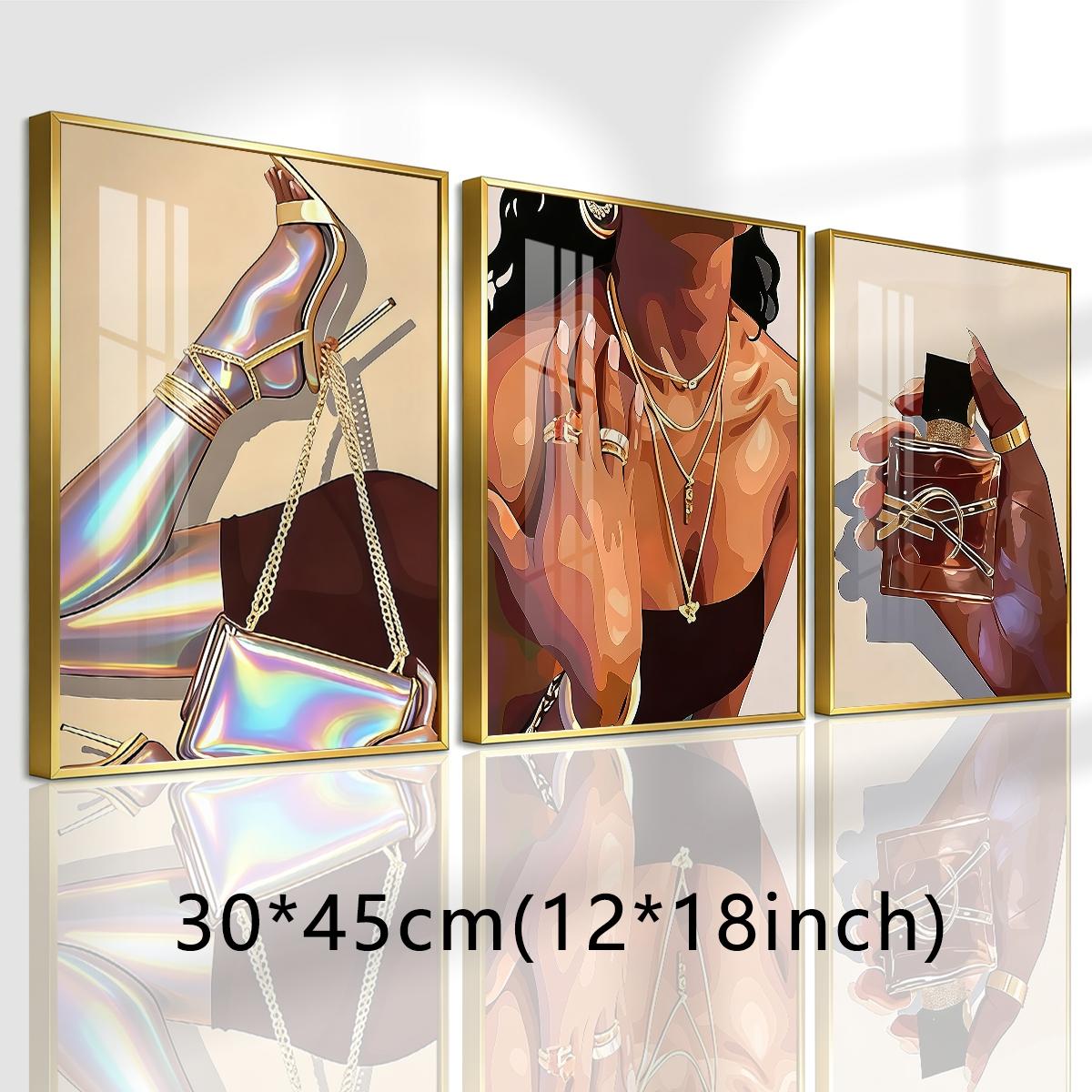 3 Counts Aluminum Alloy Framed Painting, Fashion Woman With Gold Jewelry And Perfume Art Pictures, Home Decoration For Living Room, Bedroom, Office, Restaurant, Hallway Wall Decor, Odorless Print Artwork, Luxury Perfect Gift For Friends And Family