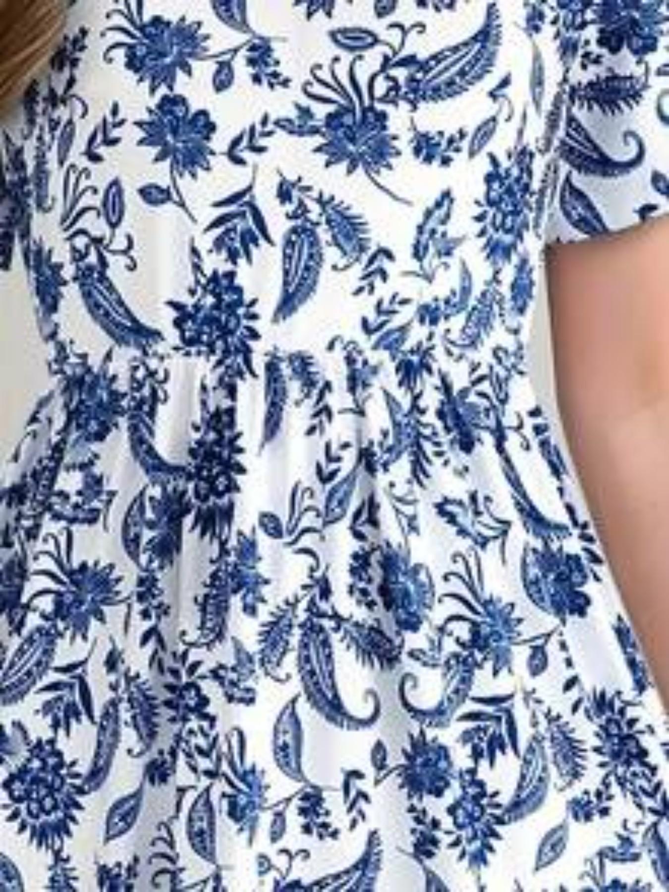 Boho Bohemian Style Paisley Full Print Short Sleeve Midi Dress, Girls' Holiday Casual Dress, Summer Gift, Fitted Leaf Pattern Dress