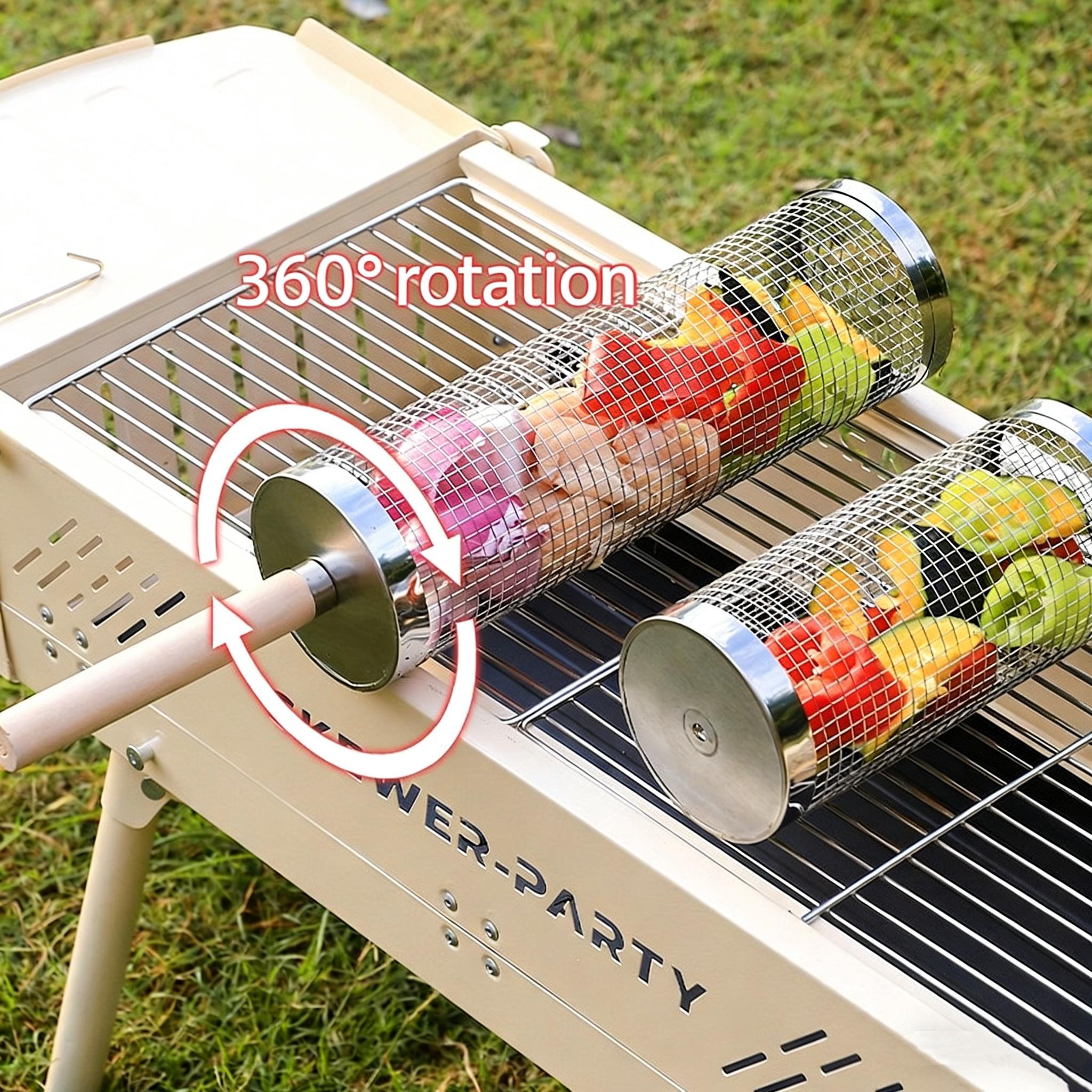 Upgrade BBQ Grill Basket, Portable Outdoor BBQ Net, Rotating Round Grill Tube, Ideal for Camping & Picnics, Durable Design