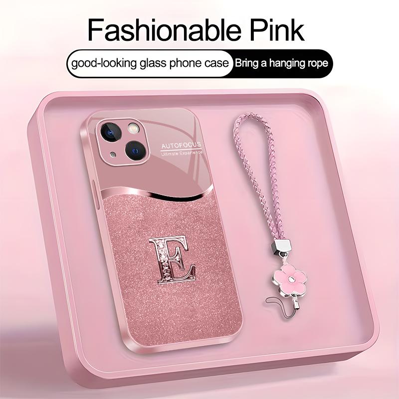 Luxury Pink Phone Case with Lanyard Initial Letter A-Z Cover for iPhone 15 Plus --975
