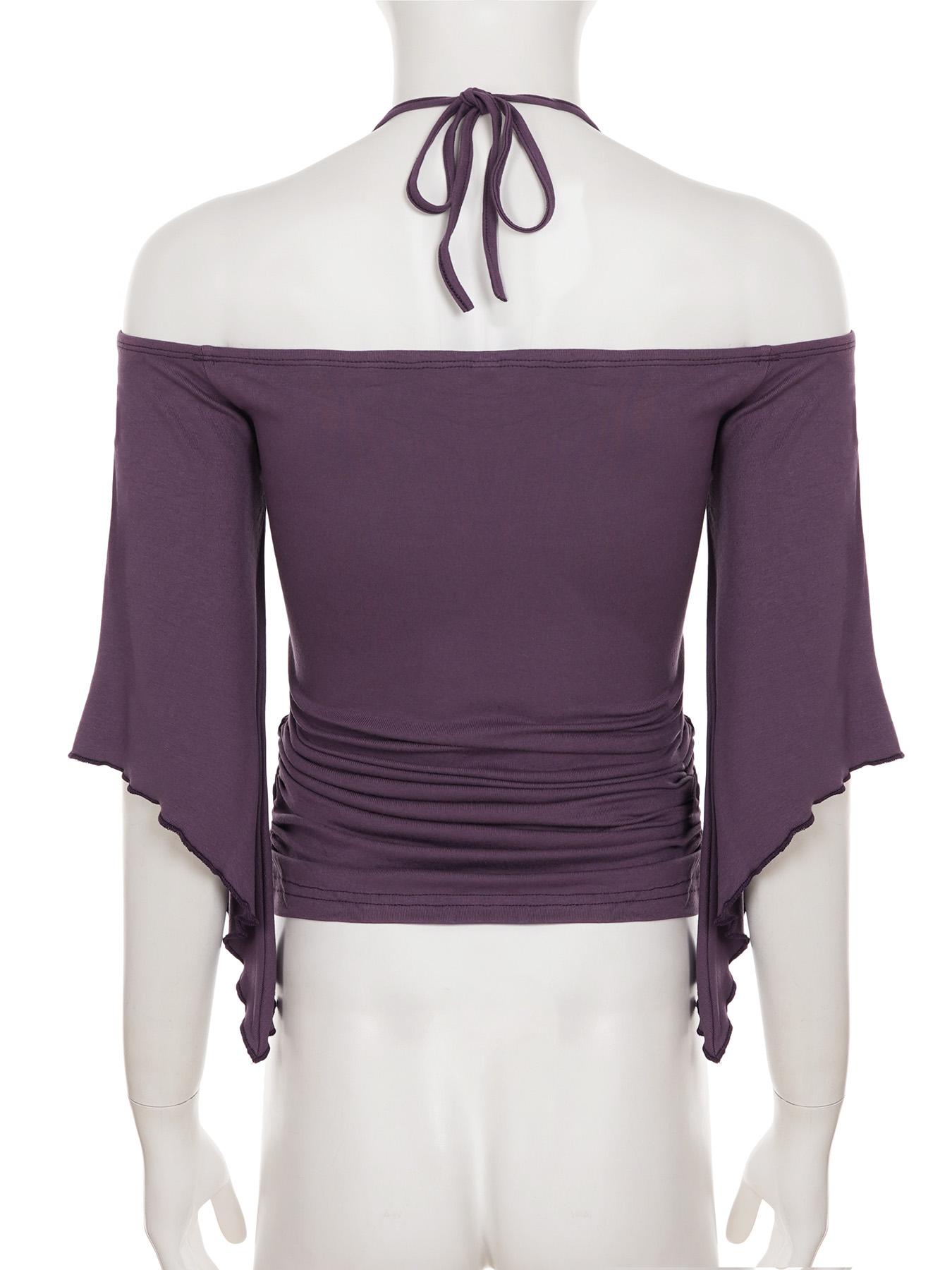 Women's Y2K Style Halter Top with Ring Decoration, Flowy Bell Sleeve, Casual Elegant Classy Retro Slim-Fitting T-Shirt for Dates and Parties