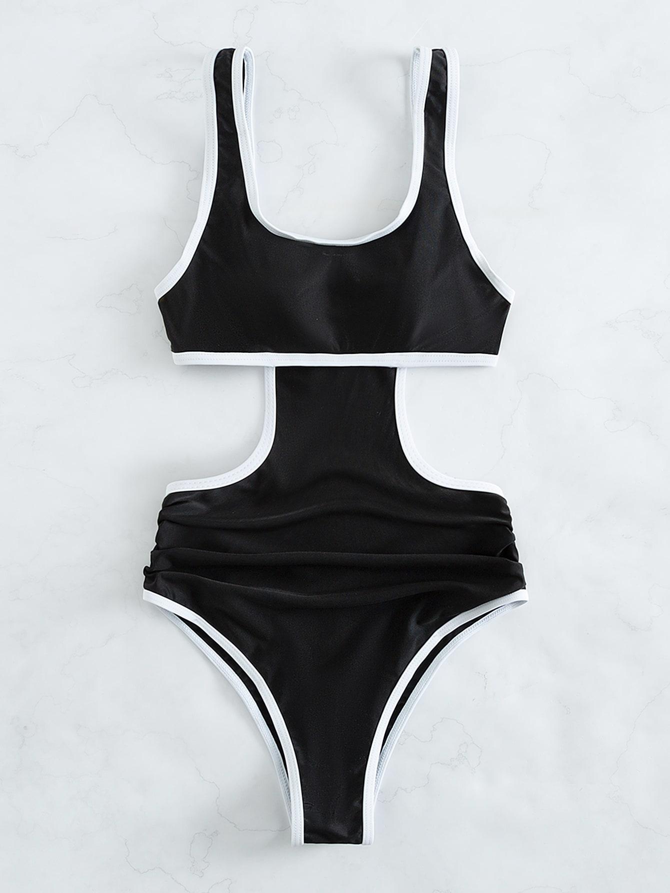 Women's Summer Beach Cut Out Back Bathing Suit Contrast Binding Scoop Neck Ruched Monokini One Piece Swimsuit, Sleeveless Swimsuit, Ruched Swim Suits, Swimsuit Beachwear, Swimwear Bathing Suits