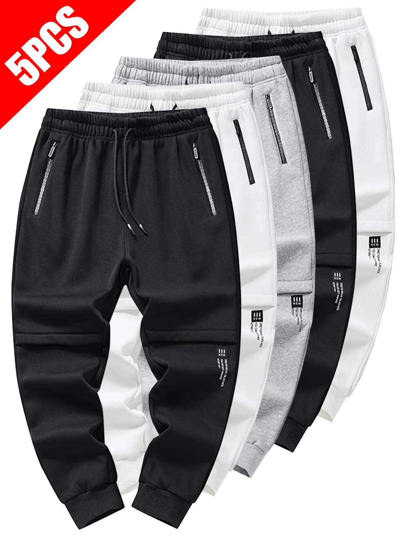 5-Pack Men's Fall Winter Fleece Lined Casual Pants, Elastic Drawstring Waist, Zip Pockets, Letter Print, Ideal for Gym, Running, Daily Wear, Casual Sports Sweatpants