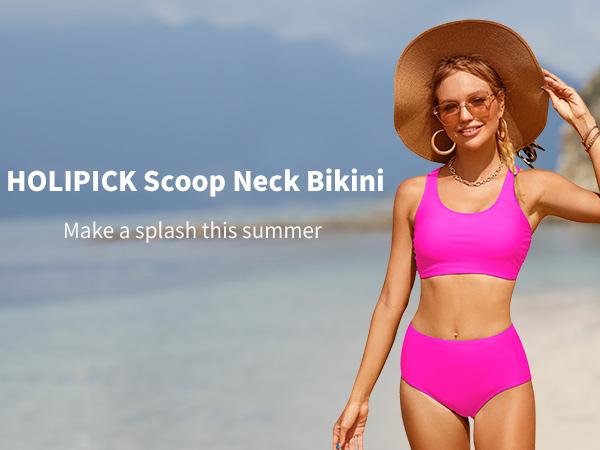 Holipick Women High Waisted Two Piece Bikini Sports Crop Top Swimsuit Scoop Neck Bathing Suit for Teen Girls with Bottom