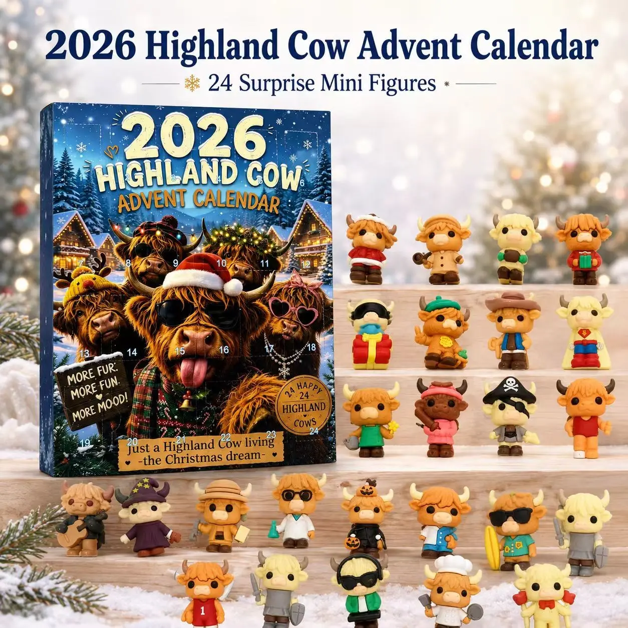 Highland for Cow 2026 Advent Calendar is a 24-day Advent calendar featuring adorable 3D Highland for Cow figurines. Its miniature design makes it the perfect gift for cow lovers.