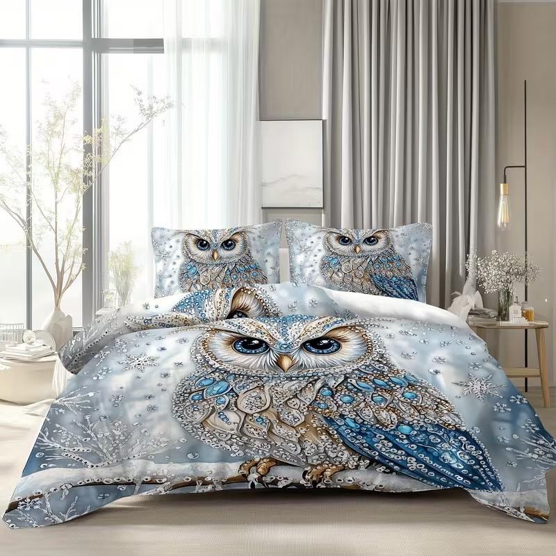 3-Piece Set with Owl on Branch Design, Includes 1 Duvet Cover and 2 Pillowcases, Snowflake Surround, Elegant and Cozy, Year-Round Use