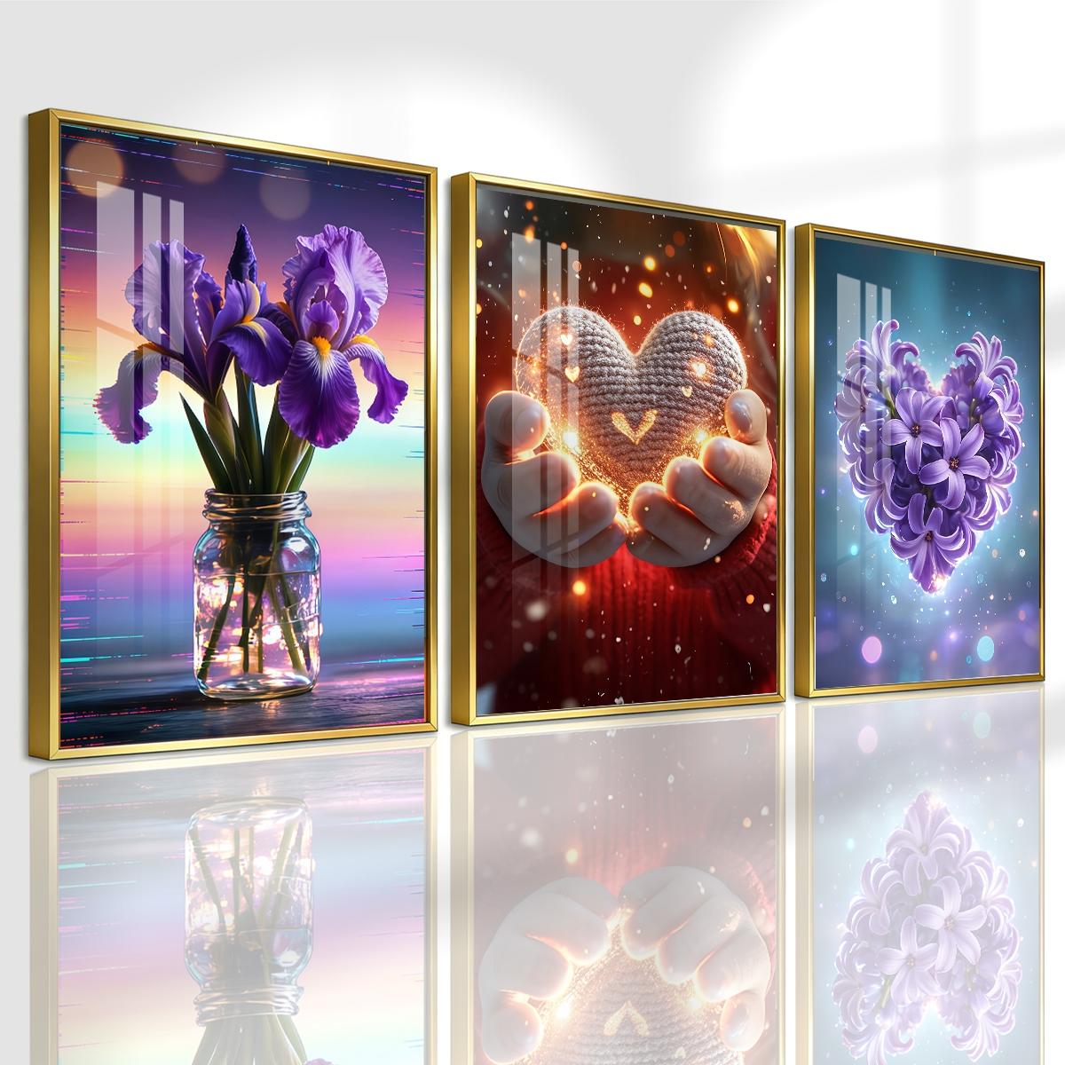 3 Counts Aluminum Alloy Framed Painting, Purple Irises And Glowing Heart Flower Art Pictures, Home Decoration For Living Room, Bedroom, Office, Restaurant, Hallway Wall Decor, Odorless Print Artwork, Luxury Perfect Gift For Friends And Family