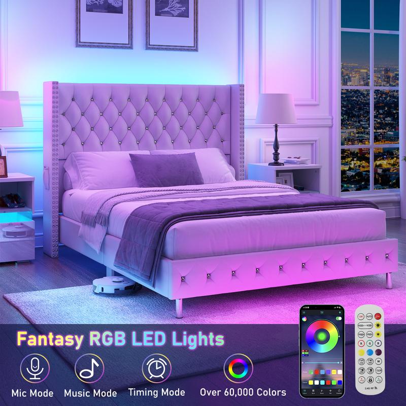 Queen LED Upholstered Bed Frame with Wingback Headboard, Velvet Diamond Button Tufted Bed Frame with USB & Type-C Ports, Wood Slats Support, No Box Spring Needed, Cream White/Dark Gray