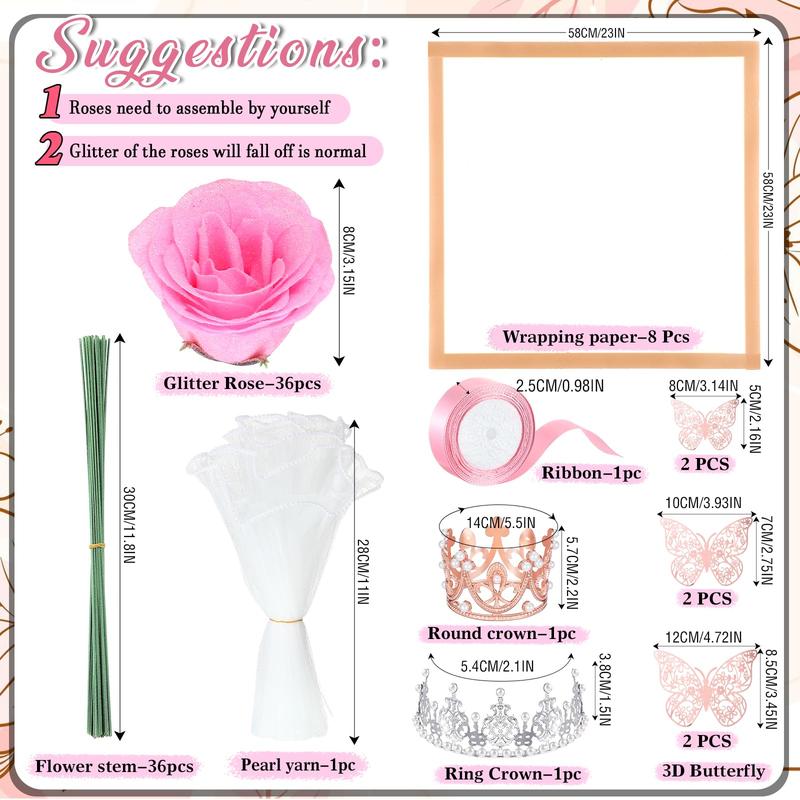 24/36 Pcs Valentine Gift Glitter Roses Bouquet Set DIY Fake Flowers Bouquet with 3D Butterflies Crowns Alphabet Stickers & Ribbons for Girlfriend Wife Mom Friend Women Gift Perfect for Valentine's Day Birthday Engagement Wedding Anniversaries Graduation